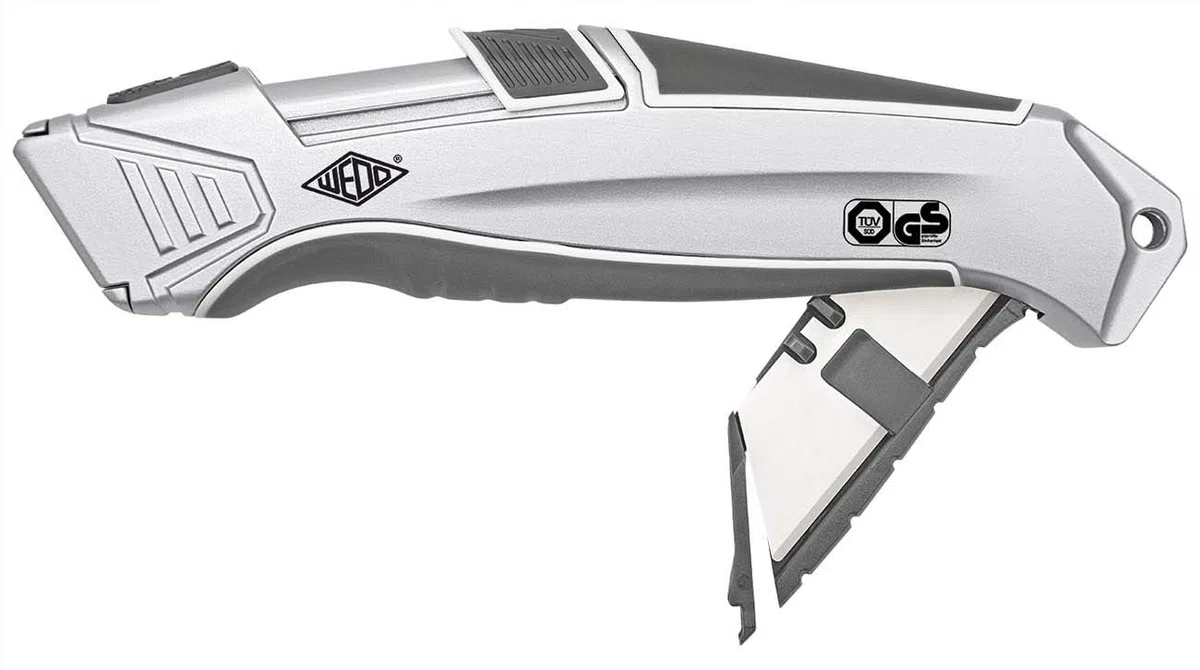 WEDO 79825 Safety Cutter CERA-Safeline Alu, Keramik Klingen, Aluminium Gehäuse, Autom. Klingenrückzug, Gummi Griffzone, integriertes Magazin, TÜV/GS-GEPRÜFT