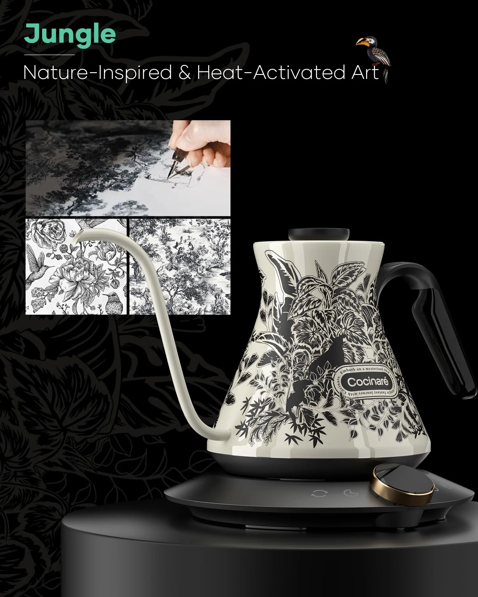 Gooseneck Electric Kettle, ±0.5°F Precise Temperature Control, 1500W Fast Heating, Pour-Over Coffee & Tea, Stainless Steel, 0.6L (Color-changing Jungle Design)