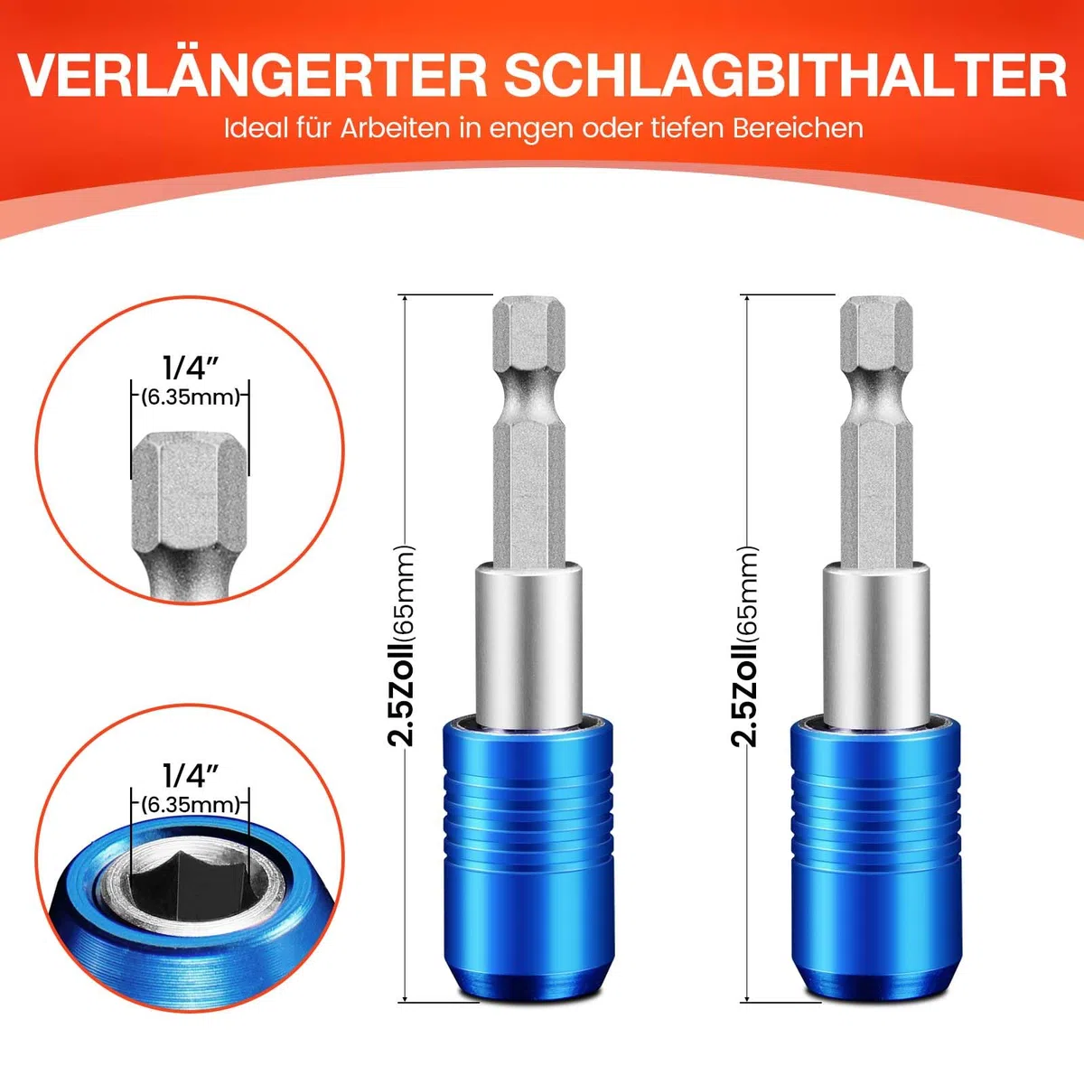 2 Stücke Magnetischer Schnellwechsel-Impact-Bithalter, 2,5-Zoll bit halter für 1/4-Zoll-Sechskantschaft, Ideal für Schraubendreherbits, Muttern, Bohrer und Steckschlüsseladapter