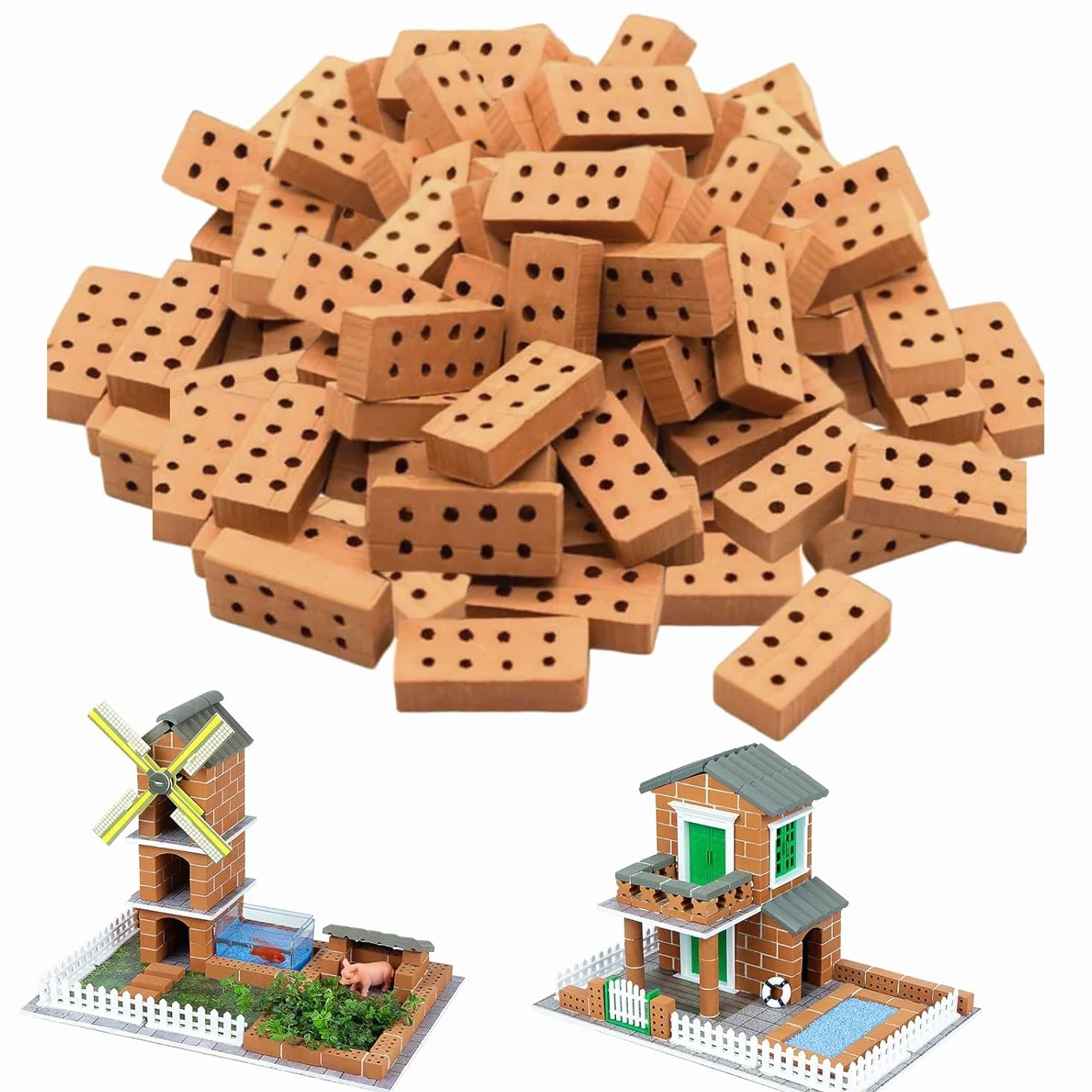 120 Stück Mini Ziegelsteine 2 X 1 X 0.5cm, Miniatur Ziegelsteine Kinder mit 8 Löchern Modellbau Steine Mini Ziegel, für DIY Bauen Puppenhaus Garten Ornament Haus Spielzeug Deko (Ziegelrot)