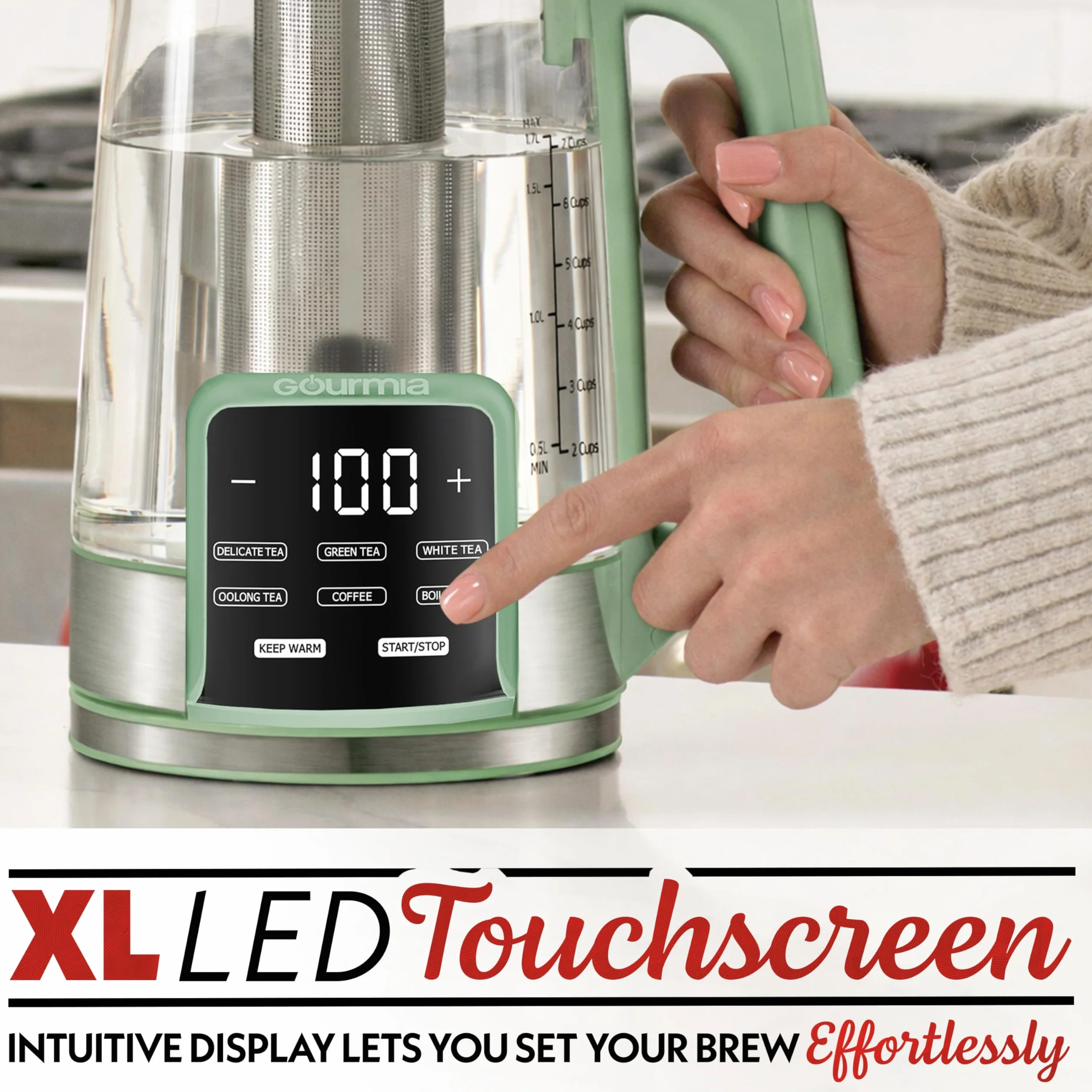 Electric Glass Kettle – 1.7L Programmable Tea & Coffee Brewer with Digital Touch Display, 6 Presets, Removable Stainless Steel Infuser, Cordless with 360° Swivel Base, Green