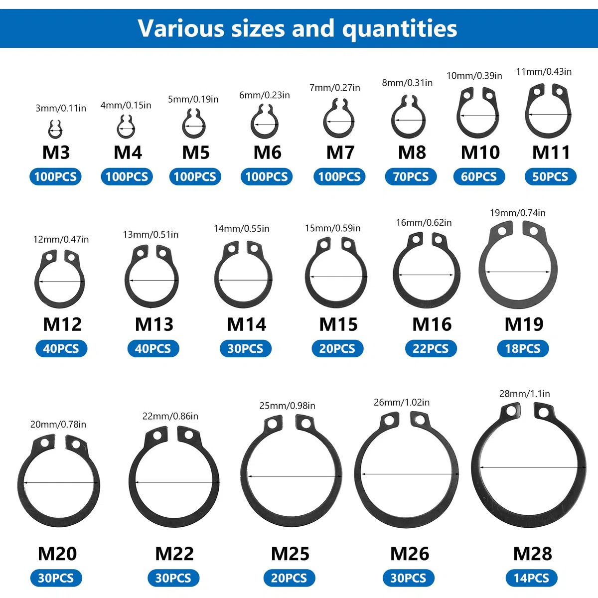 974 Stück Sprengring Set, Sicherungsringe Set, Sprengring Metall C-Clips, Federscheiben Sprengringe Sets, Sicherungsscheiben, Springring, E-clips Sicherungsringe Sortiment für Seegering Wellen