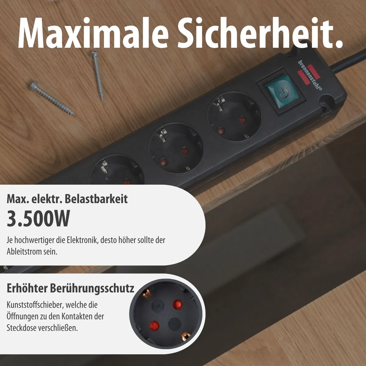 Brennenstuhl Bremounta Steckdosenleiste 6-Fach mit Schalter (Mehrfachsteckdose mit 90 Grad Steckdosen, Steckerleiste mit Befestigungsmöglichkeit und 3m Kabel) schwarz