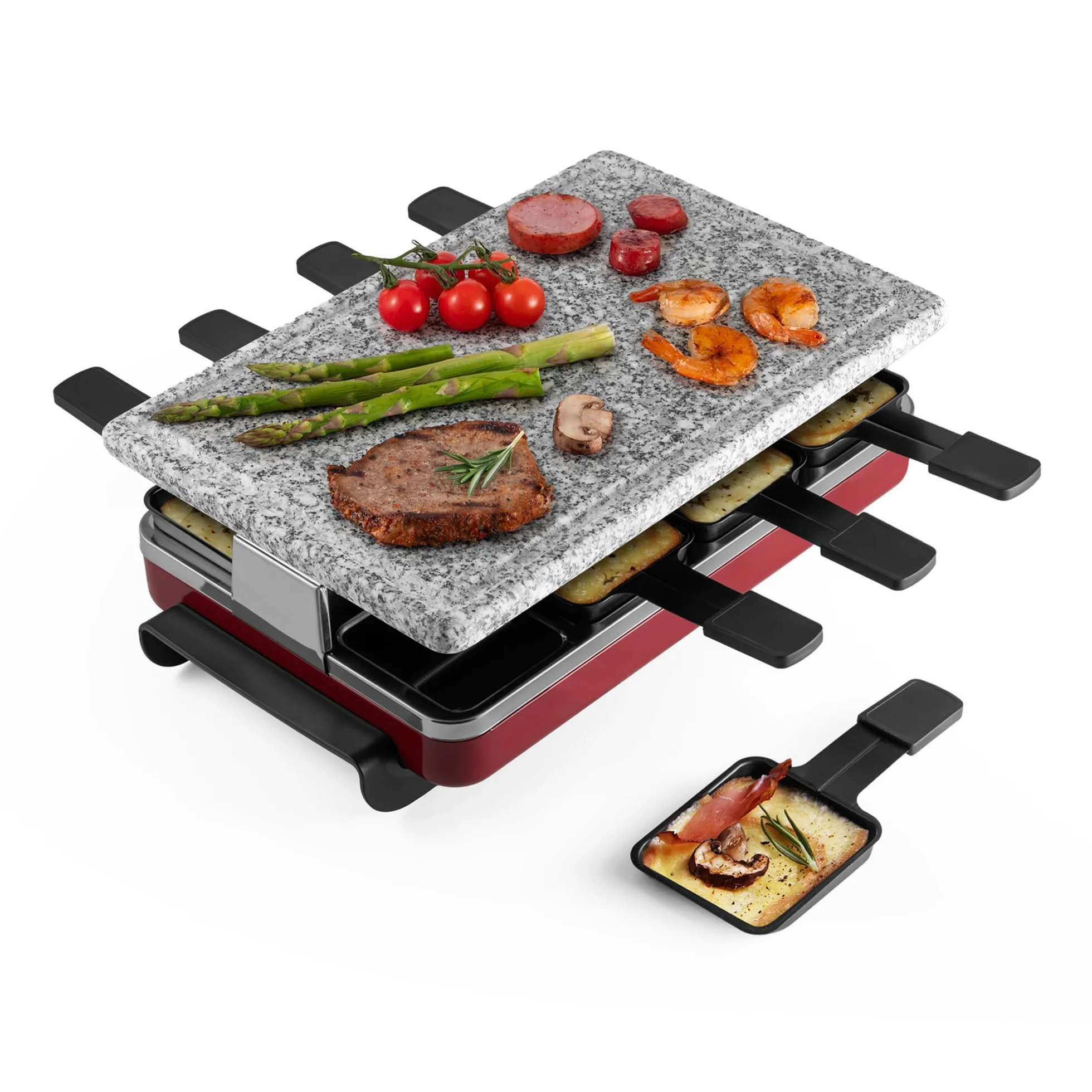 Swissmar Classic 8-Person Raclette Party Grill - Indoor Electric Grill & Griller with Granite Stone Grill Plate - Red
