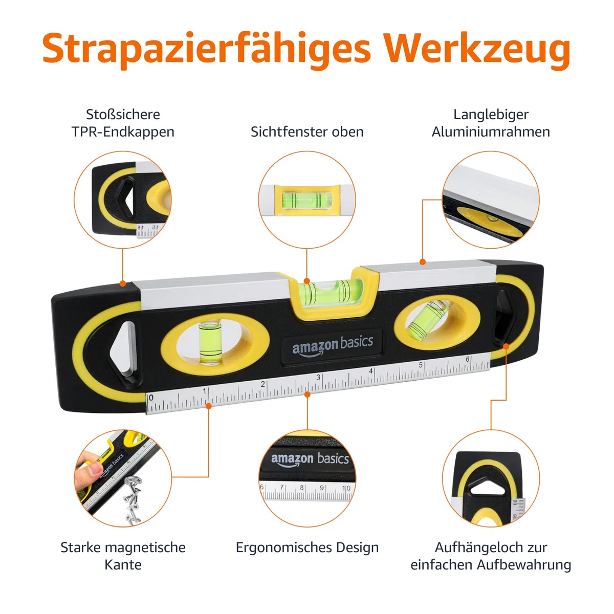 Amazon Basics Magnetische Torpedo-Wasserwaage und Lineal-Wasserwaage Lot/Wasserwaage/180-90-45-Grad-Blasen, 22.8 cm (9 zoll), Schwarz, Gelb