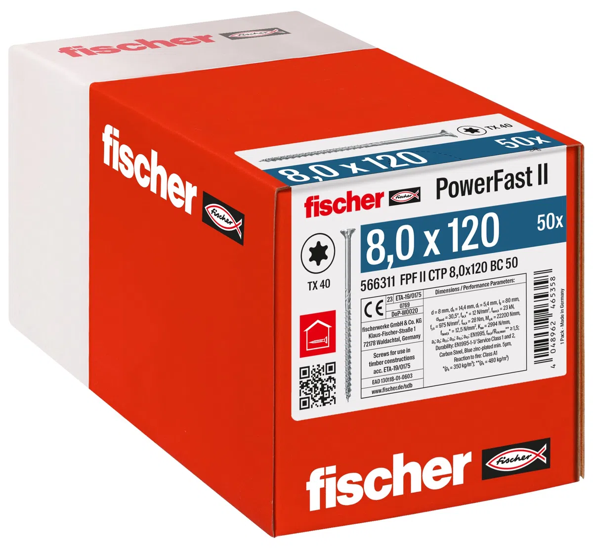 fischer PowerFast II CTP 8,0 x 120, kraftvolle Holzbauschraube mit Senkkopf, Innenstern-Aufnahme und Teilgewinde, für den konstruktiven Holzbau, 50 Stk.
