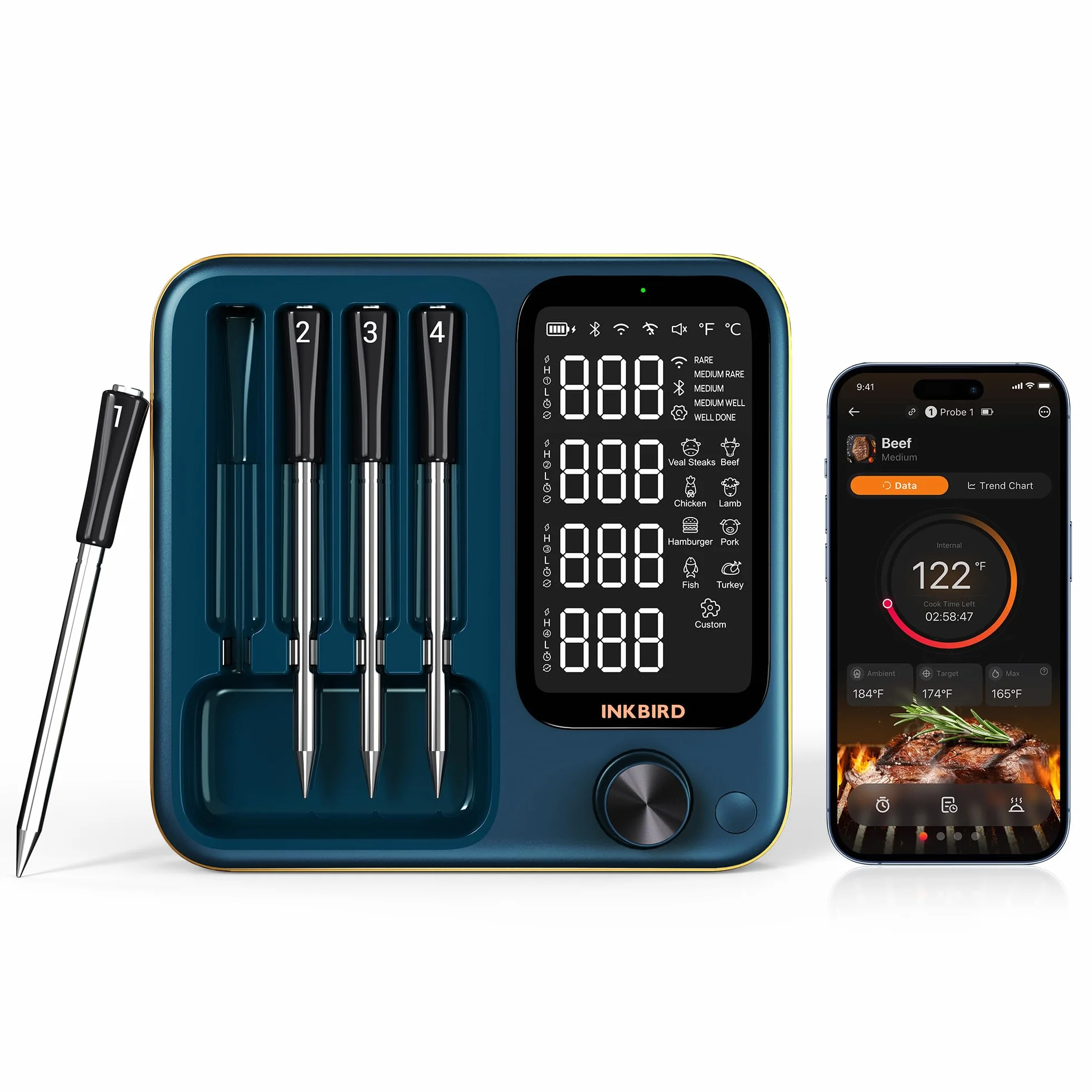 Wireless Meat Thermometer with WiFi 5G & Bluetooth 5.4, Smart Meat Thermometer for BBQ、Oven, Food Thermometer Digital with 4 Probes & 5 Sensors, NIST Accuracy, Watch Alerts, 25H Use, Waterproof
