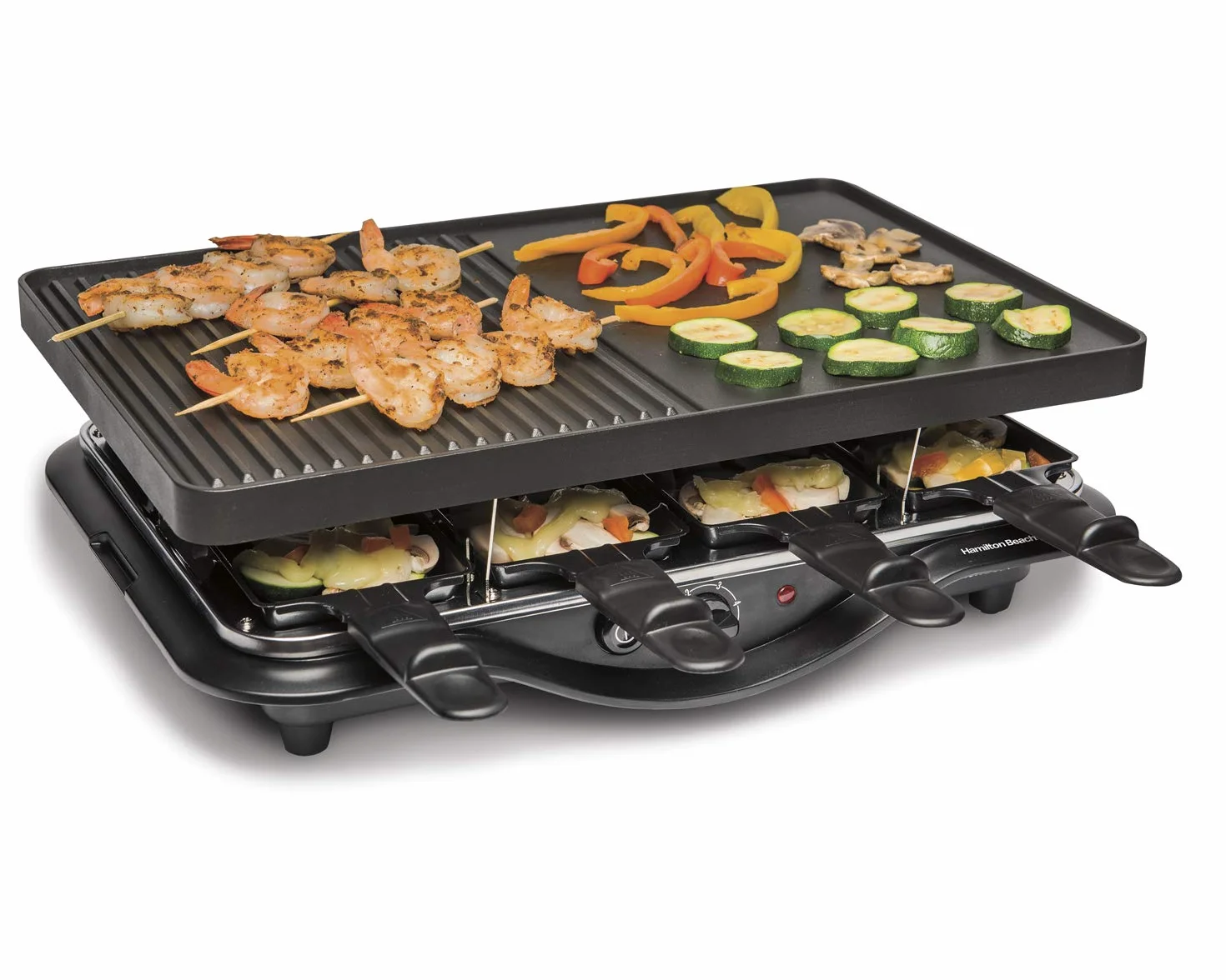 Hamilton Beach Electric Indoor Raclette Grill For Parties & Family Fun | With 8 Individual Warming Trays | 200 sq. in. PFAS-Free Non-Stick Griddle | Dishwasher Safe Parts | Black | 31612MN-MX
