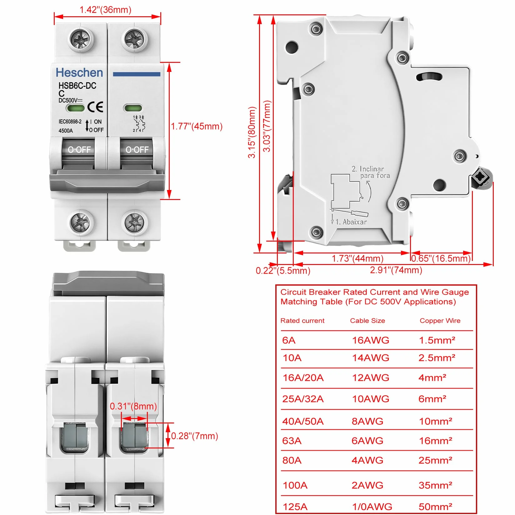 Heschen DC-Leitungsschutzschalter für Photovoltaik, HSB6C-DC, 2-polig, DC 500 V, C 16A, nicht polarisiert, DIN-Schienenmontage, für Solaranlagen
