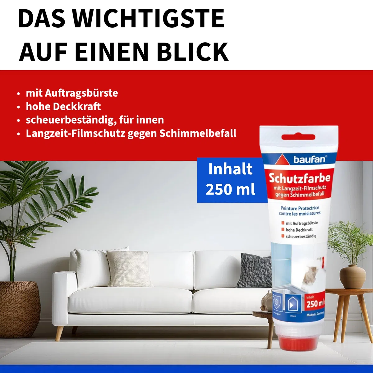 Baufan Schutz-Farbe Tube 250ml | Renovierfarbe für Innenräume | Hohe Deckkraft | Einfache Anwendung