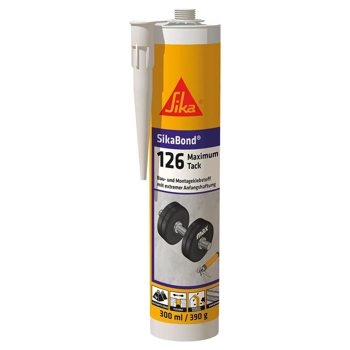 Sika– Bau- und Montagekleber – SikaBond 126 Maximum Tack - Weiß – Sehr starke Anfangshaftung – Für Metalle und Baustoffe – Lösemittelfrei – 300 ml