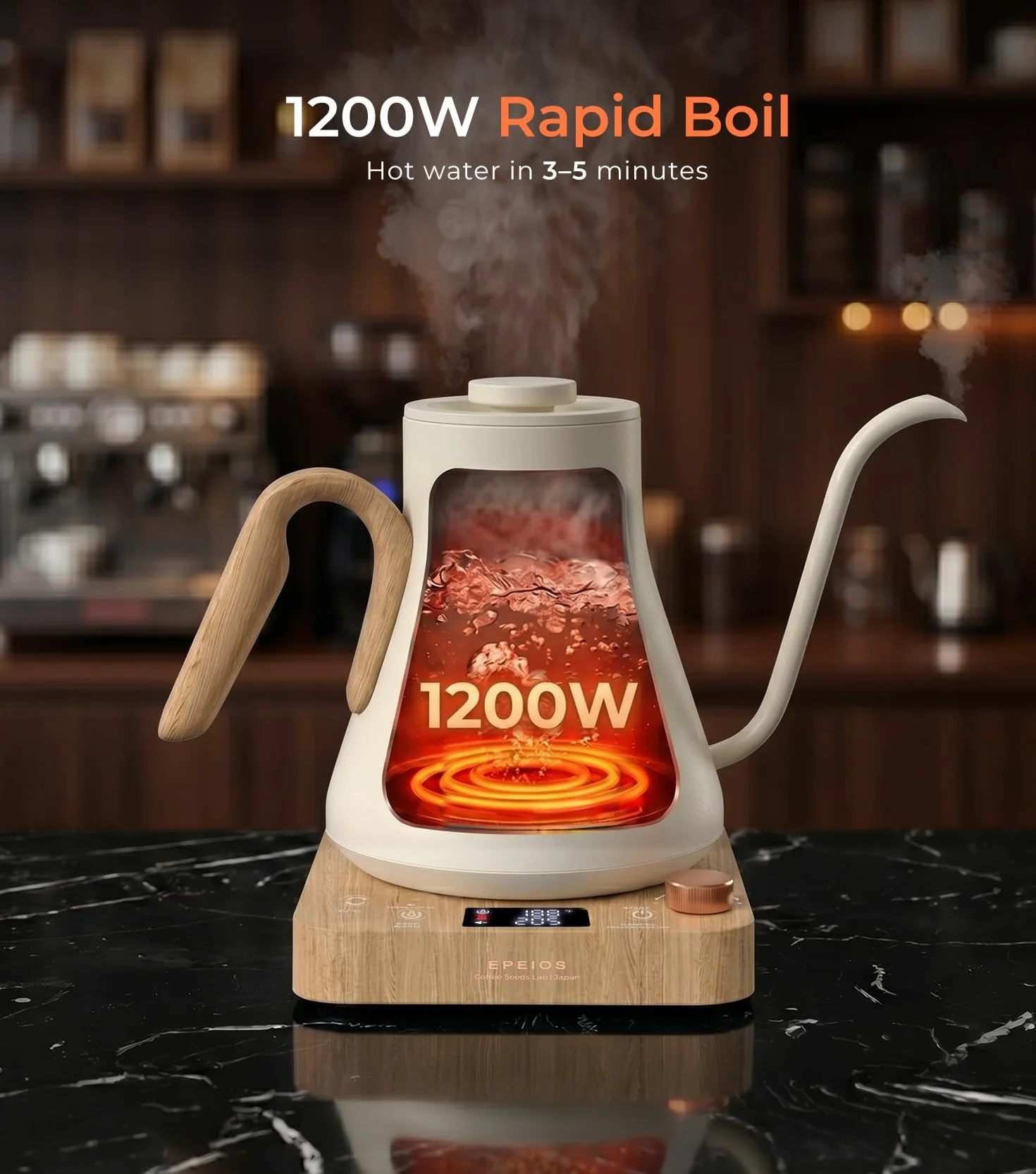 Gooseneck Electric Kettle ±1°F Temp Control,1200W,0.9L,White Walnut | Rapid Heating, Precision Pour-Over for Coffee & Tea,Smart Hot water Boiler, 304 Stainless Steel Interior, Auto Shut-Off