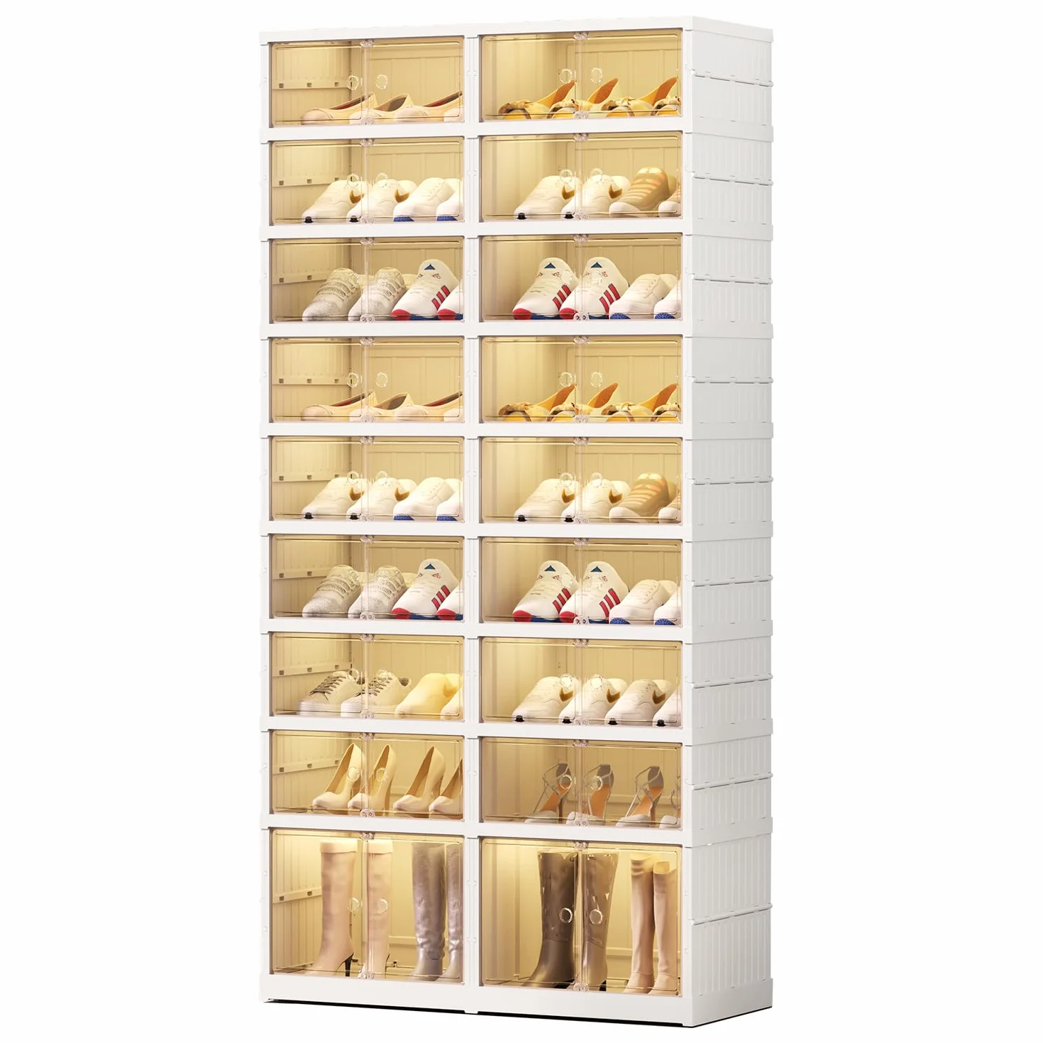 EHAMILY 9-Tier Foldable Shoe Rack Organizer, Magnetic Doors, 36 Pairs,White | Collapsible Tinted Plastic Shoe Cabinet , Bottom Wheels, Stackable, Lidded, Fits Boots, Easy Assembly, Closet & Entryway