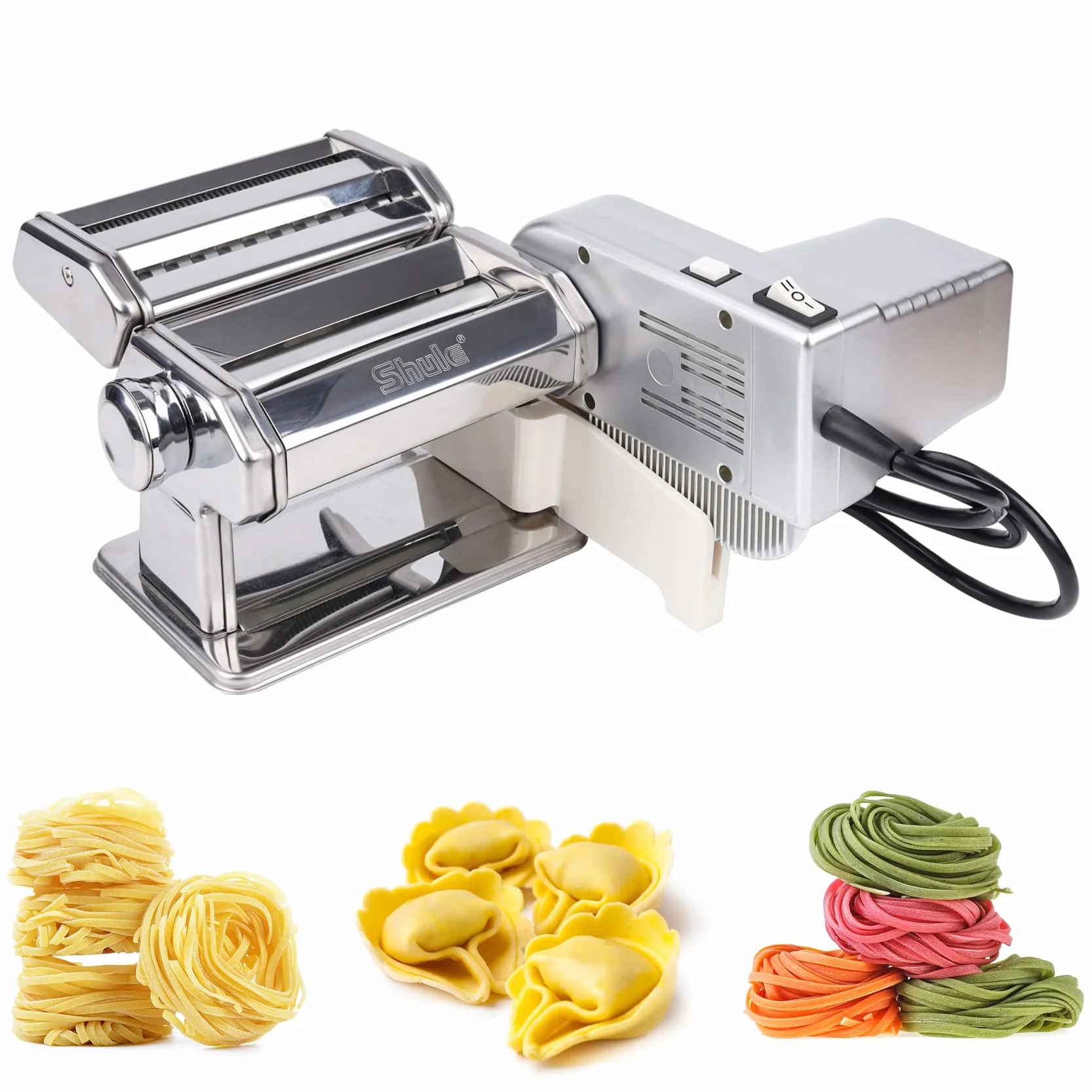 Shule Electric Pasta Maker with Motor, Hand Crank and Ravioli Roller | Two Operating Modes, Seven Dough Settings, Noodle Cutting and Filled-Pasta Preparation