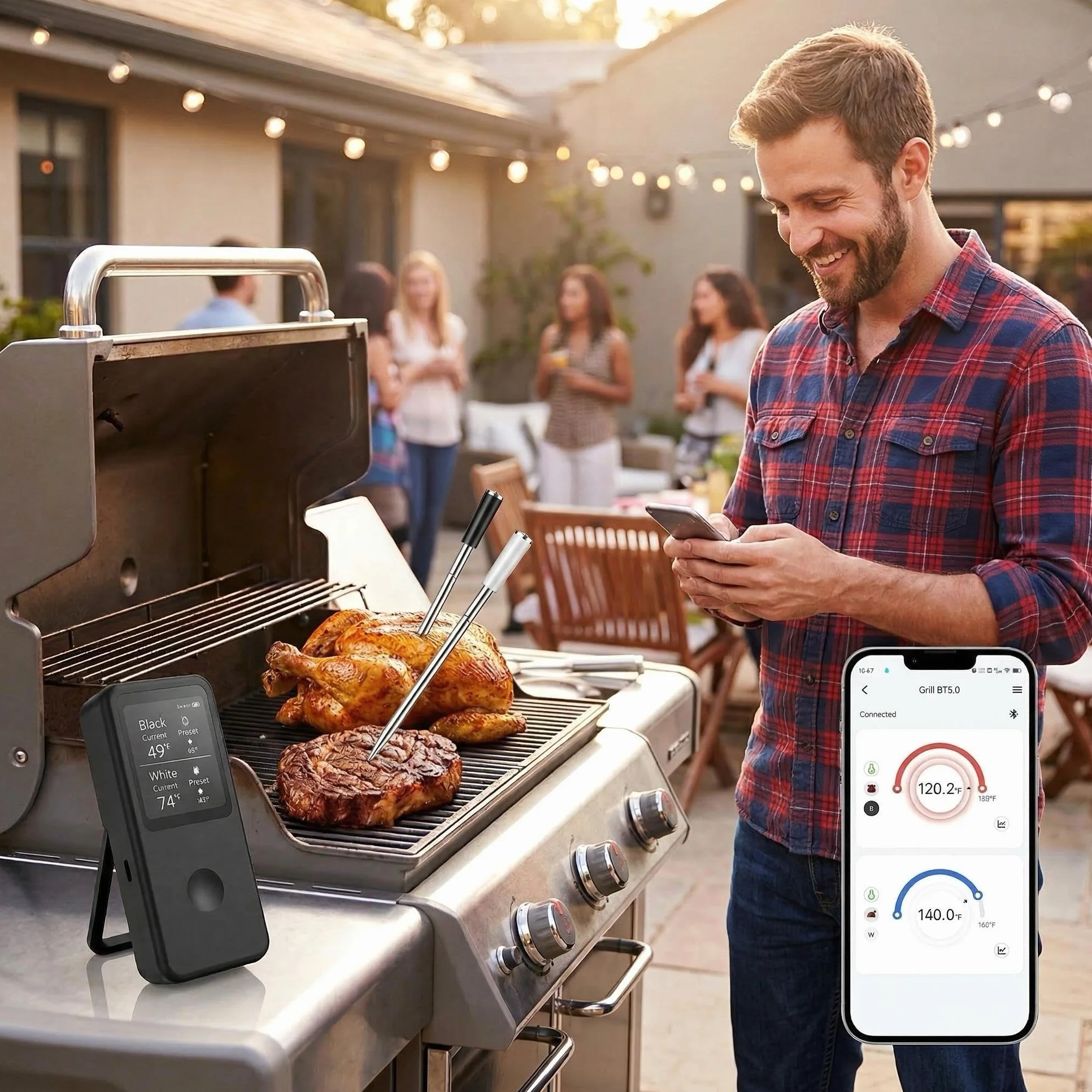 2.4 Inch Wireless Meat Therm游戏副本 with Dual Probes, Bluetooth Meat Thermometer with 500FT Range, 400°C Heat-Resistant Probe, Smart App with 12 Presets for Grilling BBQ Oven Smoker