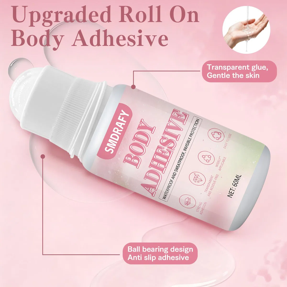 Hautkleber für Kleidung, Kleber Kompressionsstrümpfe, Klamotten Kleber auf Haut, Unsichtbarer, Wasserfester, Entfernbarer Hautkleber,Kontaktklebstoffe, 60ml