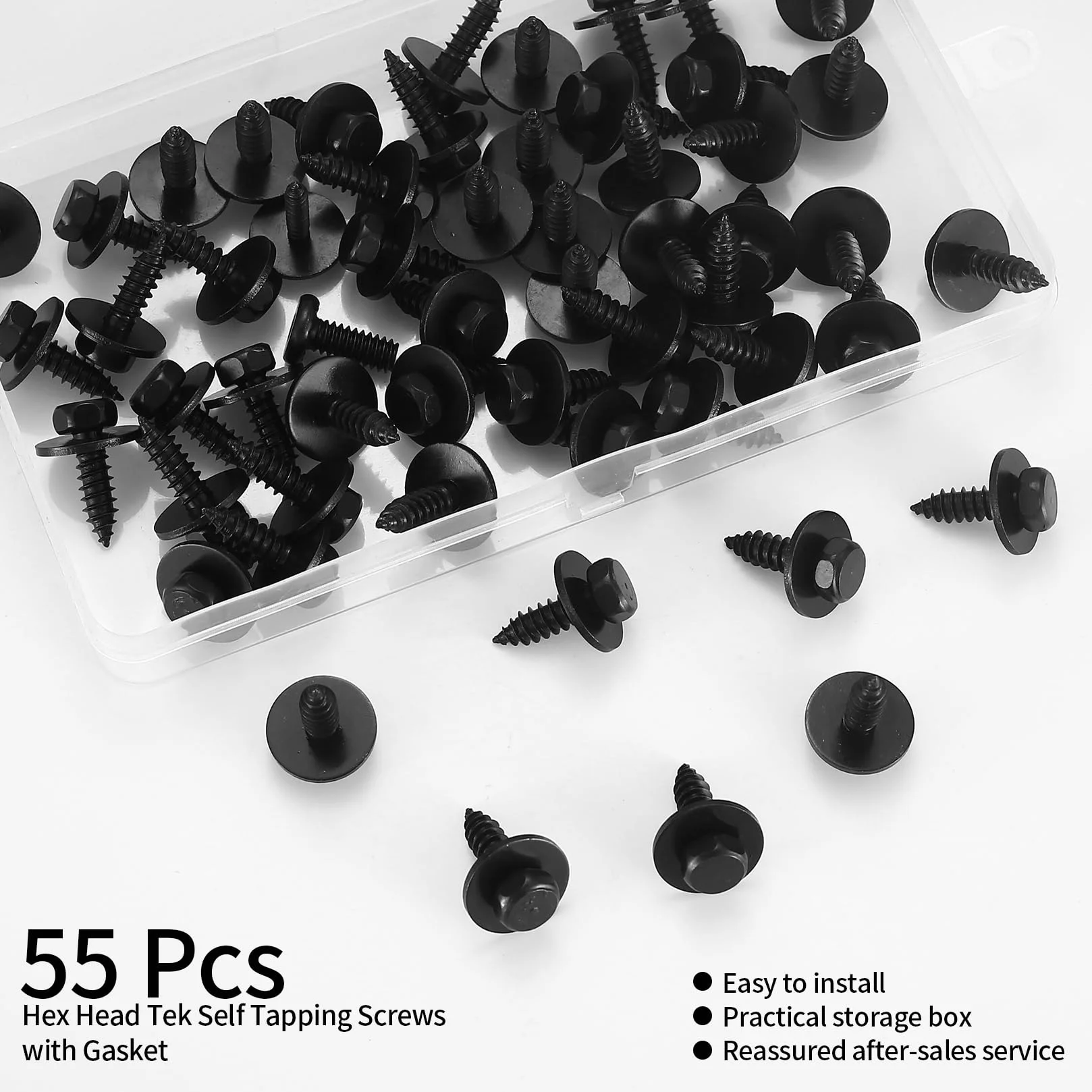 55 Stk Sechskantkopfschraube Blechschrauben mit Dichtung, 5,5-6 mm x 19 mm Selbstbohrende Sechskantschrauben, Selbstschraubende mit Scheiben Schwarz für Auto Karosserie Metall