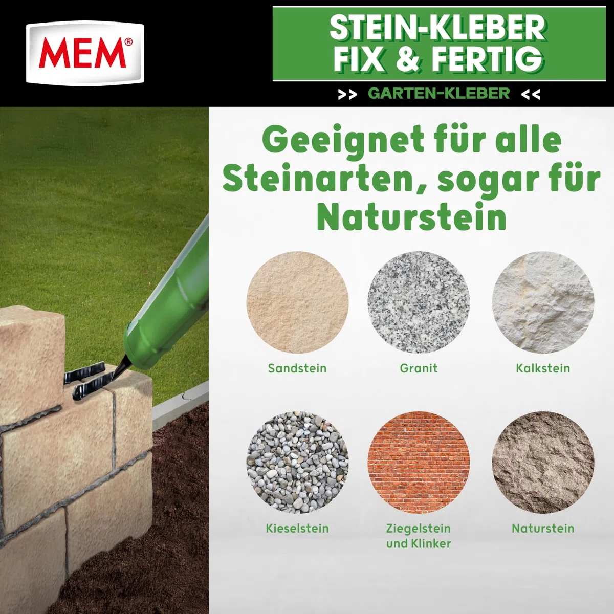 MEM Stein-Kleber Fix & Fertig, Hohe Anfangshaftung, schnelle Aushärtung und sehr hohe Endfestigkeit, Für alle Steinarten, Lösemittelfrei, 445 g Kartusche, Schwarz