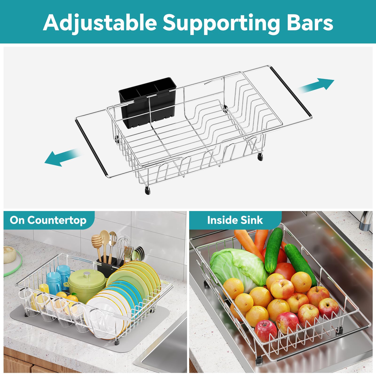 Expandable In-Sink Drying Rack with Utensil Caddy