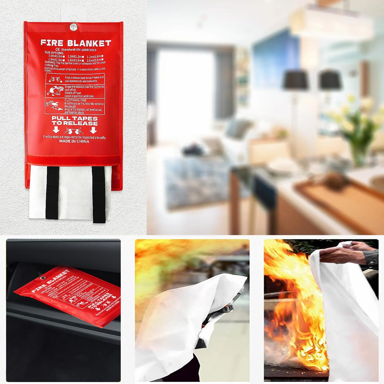 2 Stück Feuerlöschdecke 1x1m, Löschdecke Küche Feuerdecke für Notfälle, Glasfaser Brandschutzdecke EN Norm Zertifiziert Fire Blanket Notfalldecke für Zuhause Auto, Flammschutzmittel (2, 1x1m)