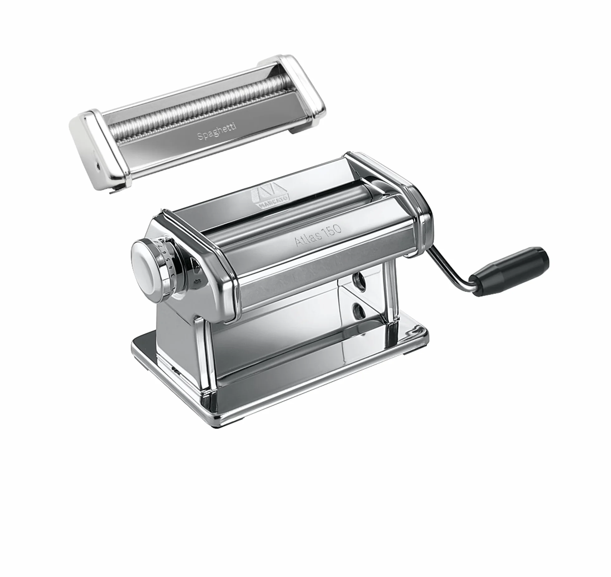 MARCATO Atlas 150 Classic Spaghetti Manual Pasta Maker Machine, Made in Italy, Chrome Steel with Black Hand Crank.Makes Spaghetti & Lasagna