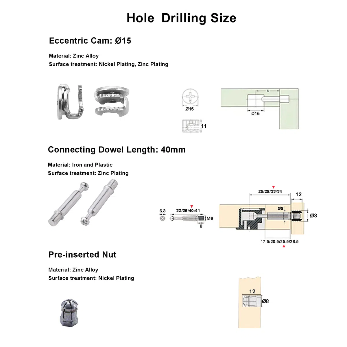Exzenter Möbelverbinder-Set Exzenterbeschlag Ø15mm Einschraubdübel mit Abdeckrand M6x40mm und Eindrehmuttern M6 für Möbel Kabinett Schrank-Verbinder Komplett 34 Set