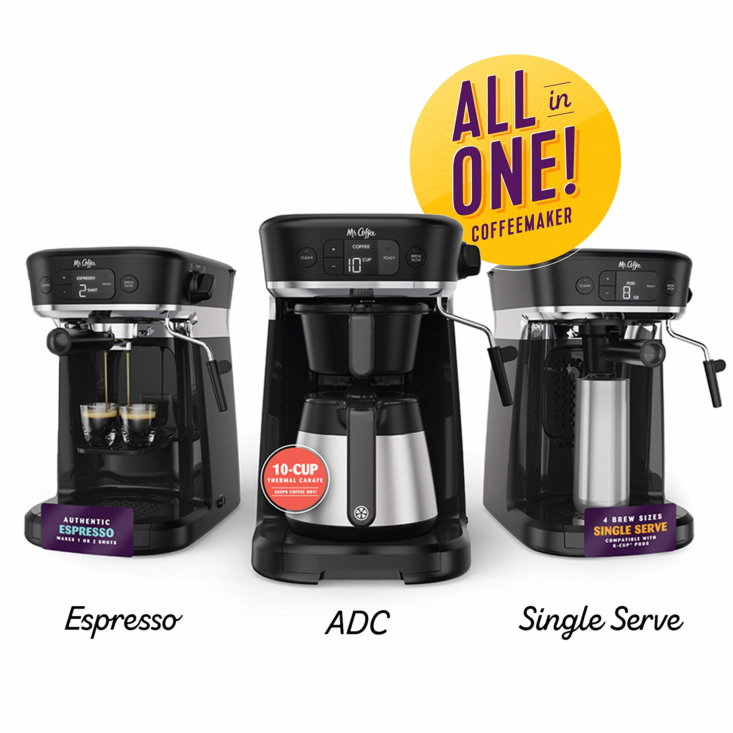 Mr. Coffee All-in-One Occasions Specialty Pods Coffee Maker, 10-Cup Thermal Carafe, and Espresso with Milk Frother and Storage Tray, Black