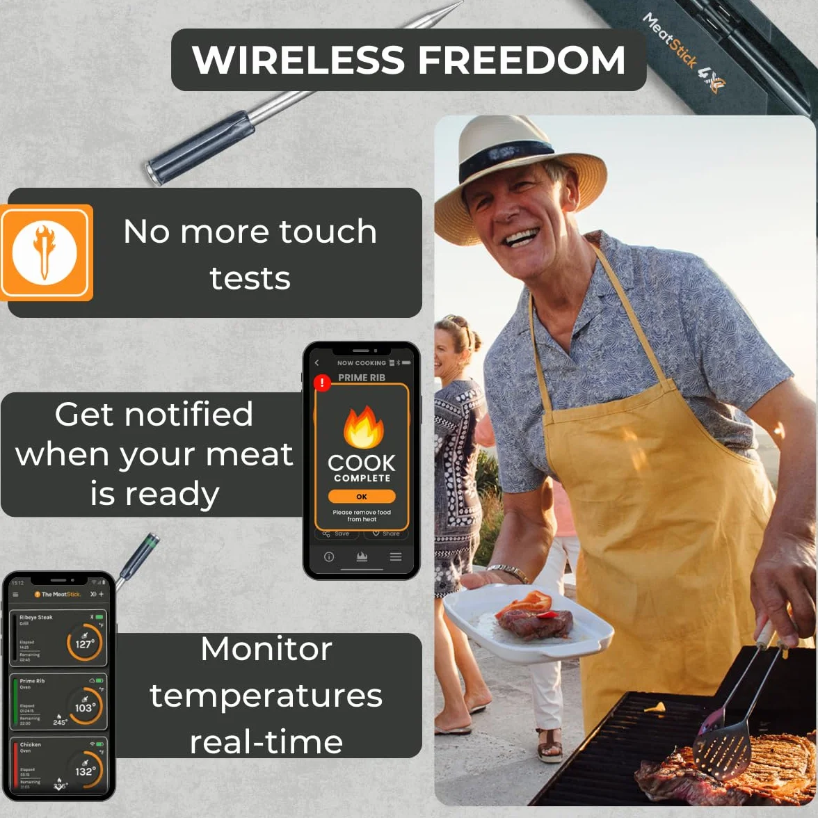 MeatStick 4X Bluetooth Wireless Meat Thermometer, 650ft+ Range Grill Probe | 4 sensors, 572°F ambient rating, 70+ hr battery. Built for big cuts and long smokes. For Grilling, Smoker, Oven, BBQ