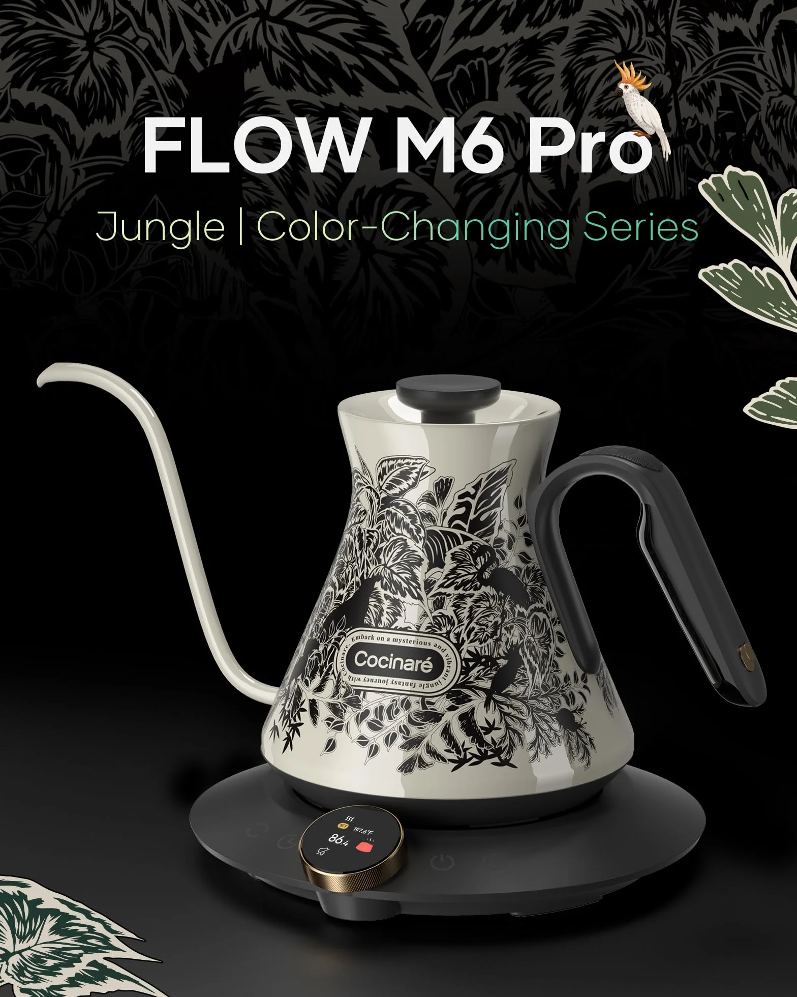 Gooseneck Electric Kettle, ±0.5°F Precise Temperature Control, 1500W Fast Heating, Pour-Over Coffee & Tea, Stainless Steel, 0.6L (Color-changing Jungle Design)