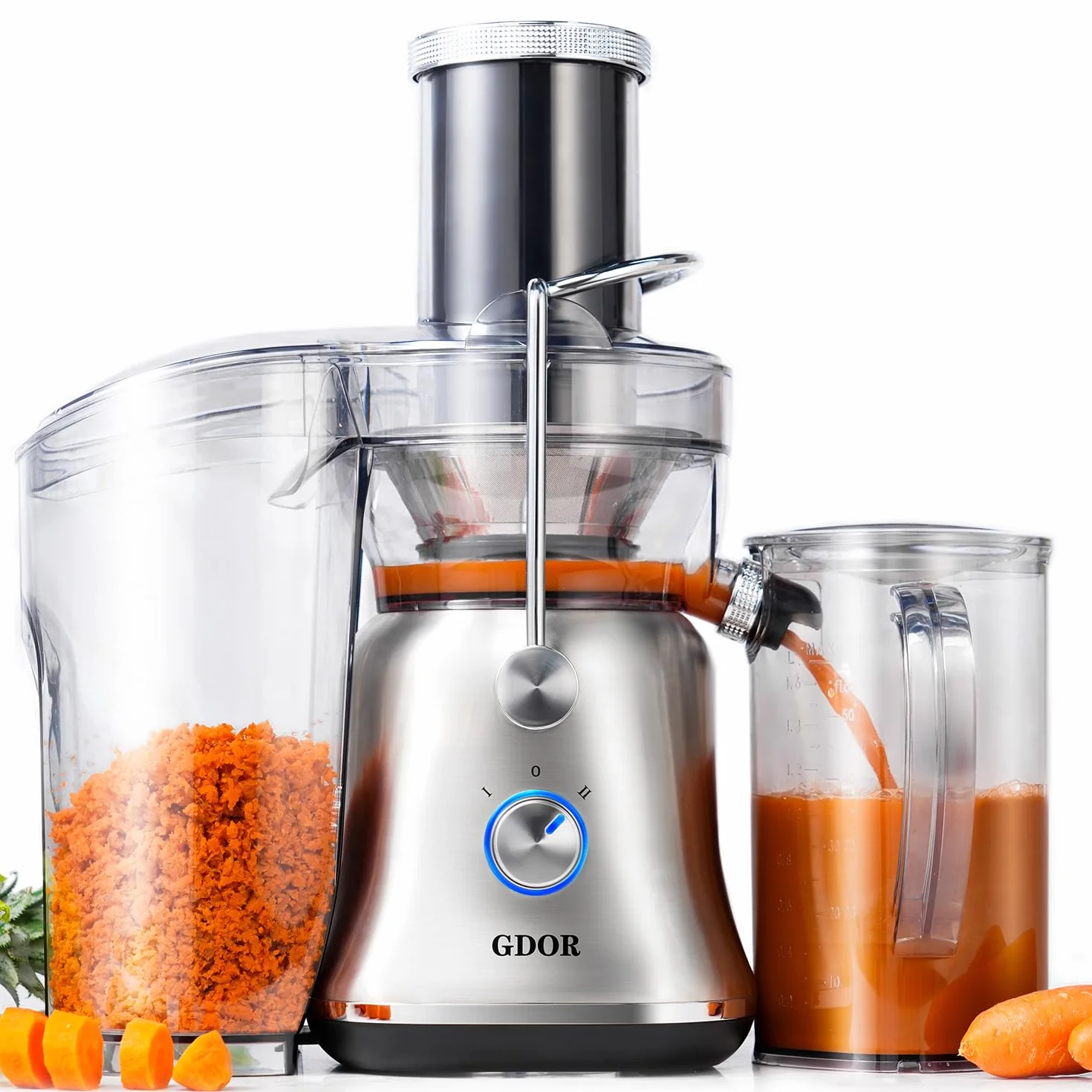 GDOR 1300W Powerful Juicer Machines with Larger 3.4" Feed Chute 56oz Jug | Titanium Cutting System, Full Copper Motor, Dual Speed, 106oz Pulp Container, Fully Transparent, Froth Separator, BPA Free