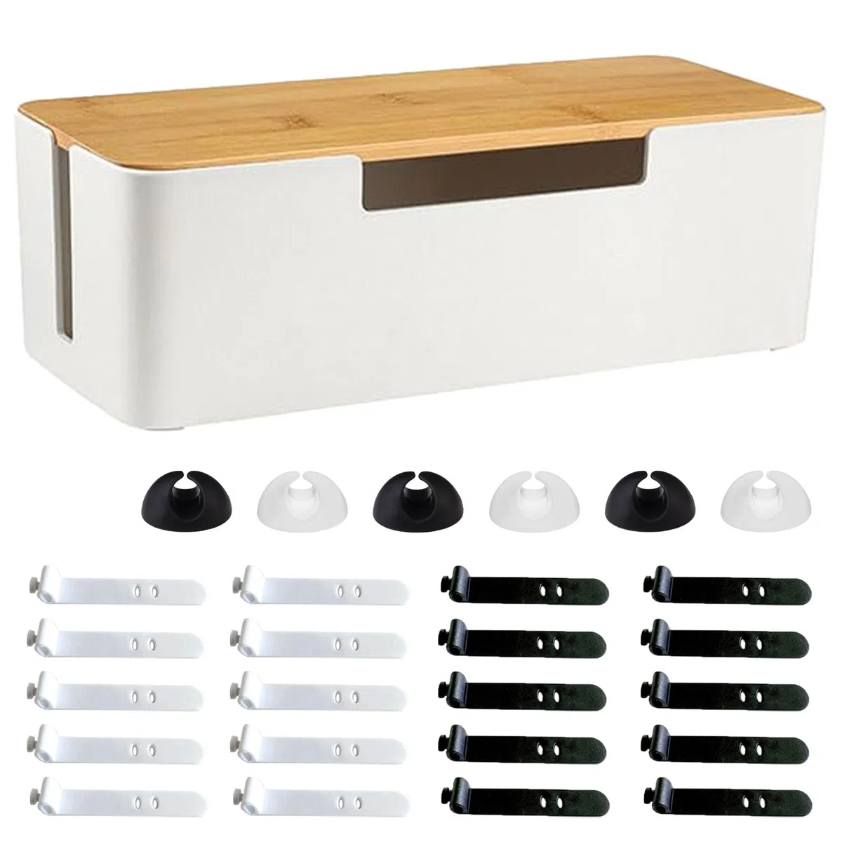 Kabelbox, Cord Organizer Box mit Hölzernem Deckel, 30x13x10cm Kabel Organizer Box Mit Kabelbinder und Kabelhaltern, Cable Management Box, Steckdosenbox, für Verlängerungskabel, Versteckte Kabel, Weiß