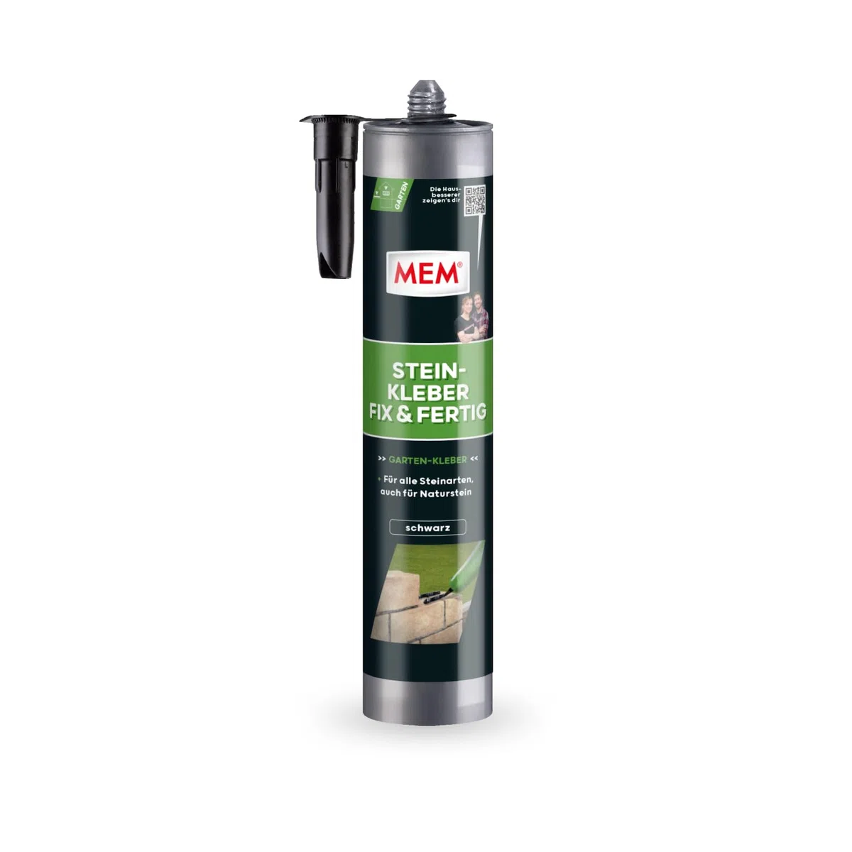 MEM Stein-Kleber Fix & Fertig, Hohe Anfangshaftung, schnelle Aushärtung und sehr hohe Endfestigkeit, Für alle Steinarten, Lösemittelfrei, 445 g Kartusche, Schwarz