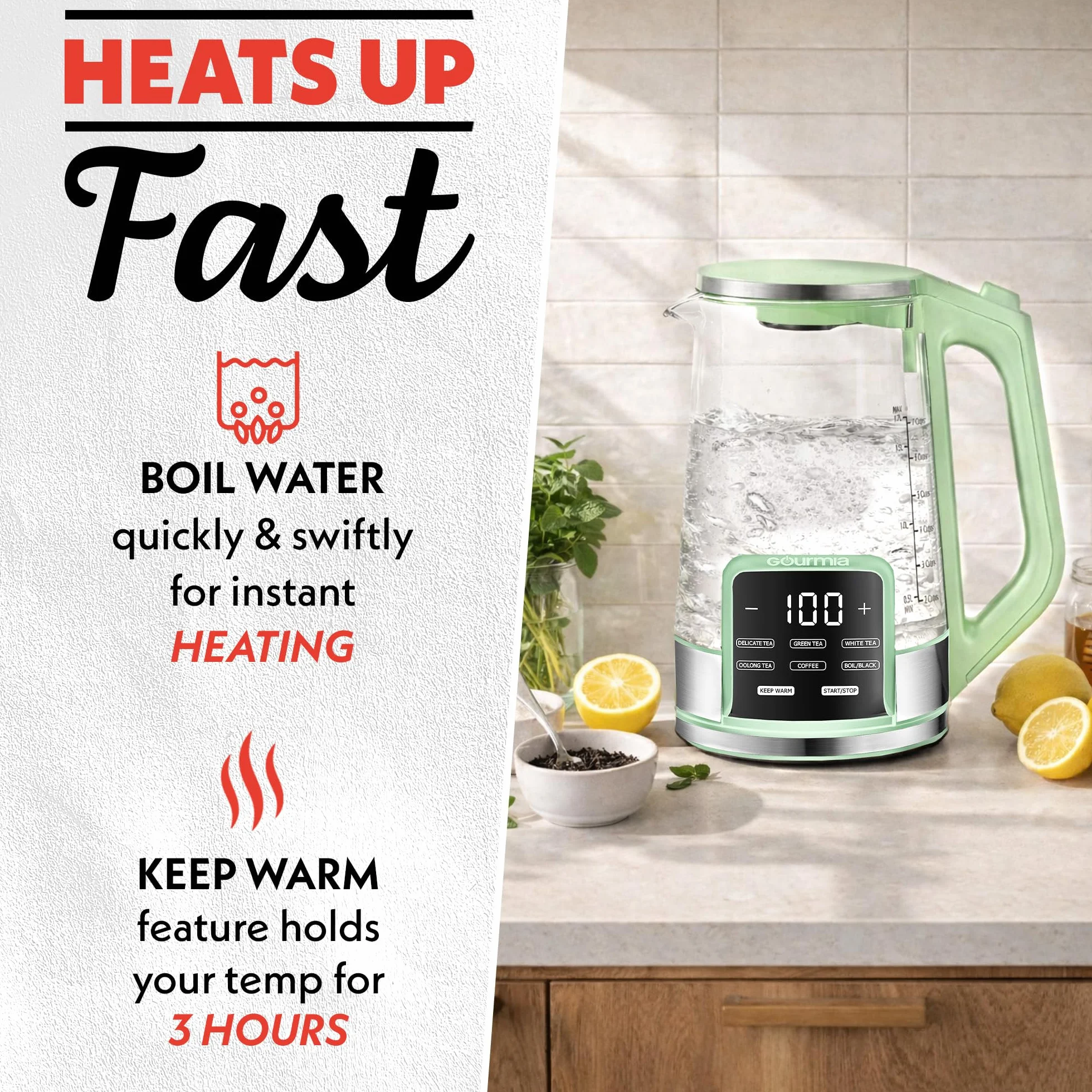 Electric Glass Kettle – 1.7L Programmable Tea & Coffee Brewer with Digital Touch Display, 6 Presets, Removable Stainless Steel Infuser, Cordless with 360° Swivel Base, Green