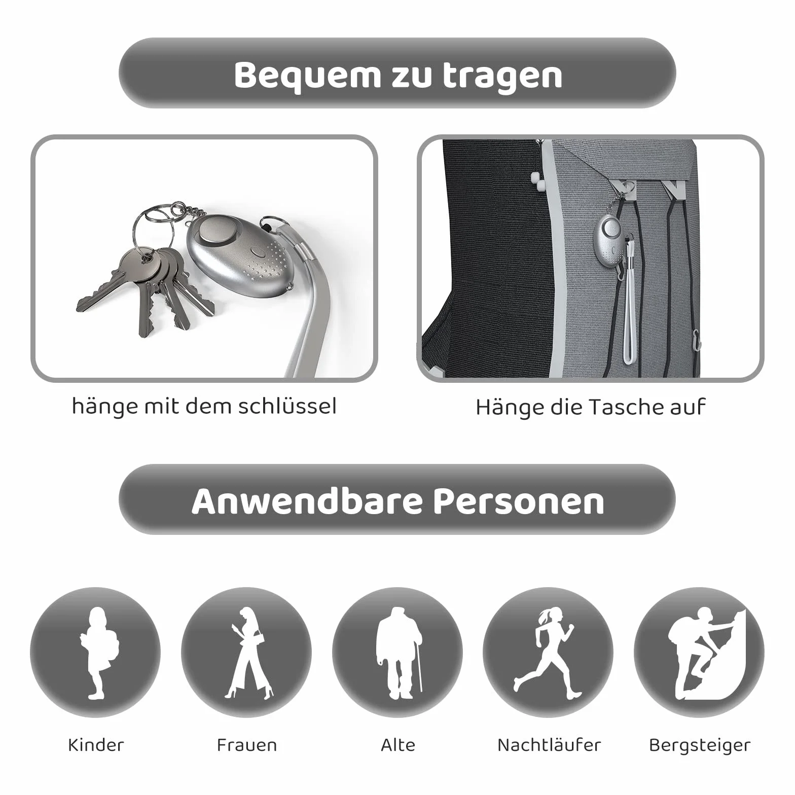Schrillalarm für Frauen, Selbstverteidigung Taschenalarm - 150dB Sehr Lauter Persönlicher Panikalarm - Sicherheit Schlüsselanhänger, Sirene - Alarm für Frauen mit Taschenlampe (Silber)