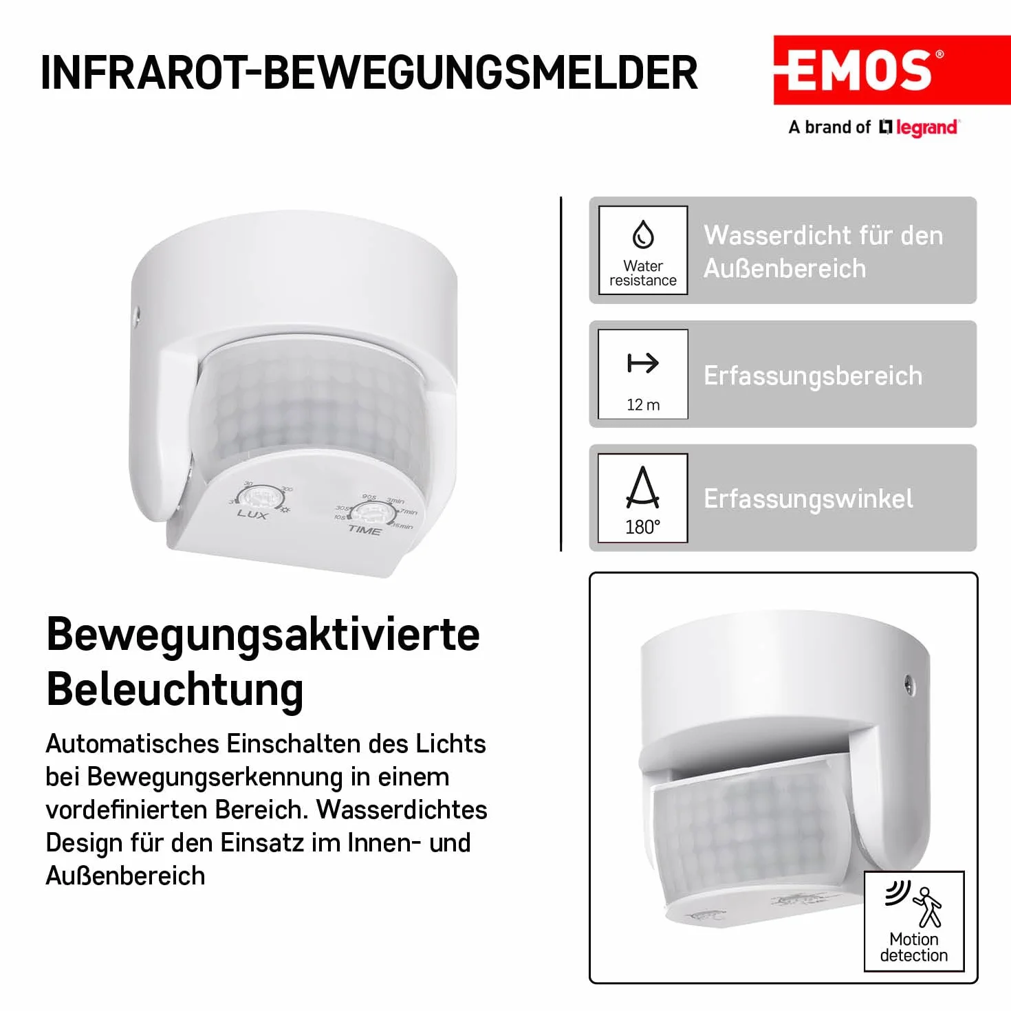 EMOS - Infrarot-Bewegungsmelder wasserdicht - Reichweite 12 m - Empfindlichkeit 3-2000 Lux - Detektionswinkel 180° - Schaltdauer 10 Sek bis 15 Min - 230 V zur Aufputzmontage - für Innen & Außen - weiß