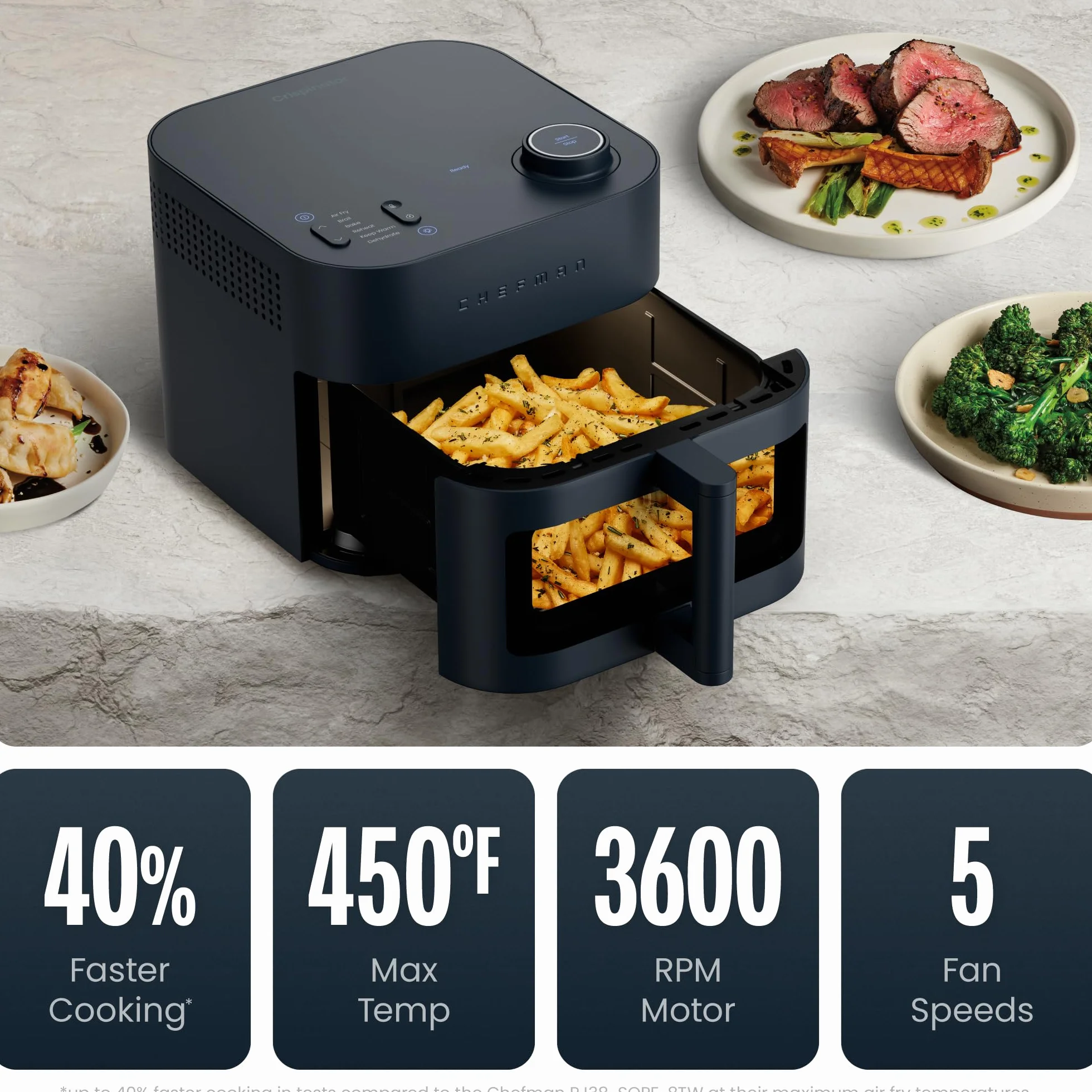 Crispinator Air Fryer 6-in-1 with 8 Qt capacity, 450°F Max Temp with TurboFry Pro Technology for Fast and Even Results, Viewing Window, Nonstick Ceramic Basket