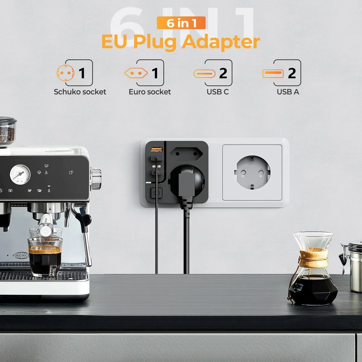 Mehrfachsteckdose USB C, THUNIX Doppelstecker für Steckdose, Steckdosenadapter 2Fach 4000W mit 4 USB Netzstecker, Mehrfachstecker mit Schalter-Schwarz