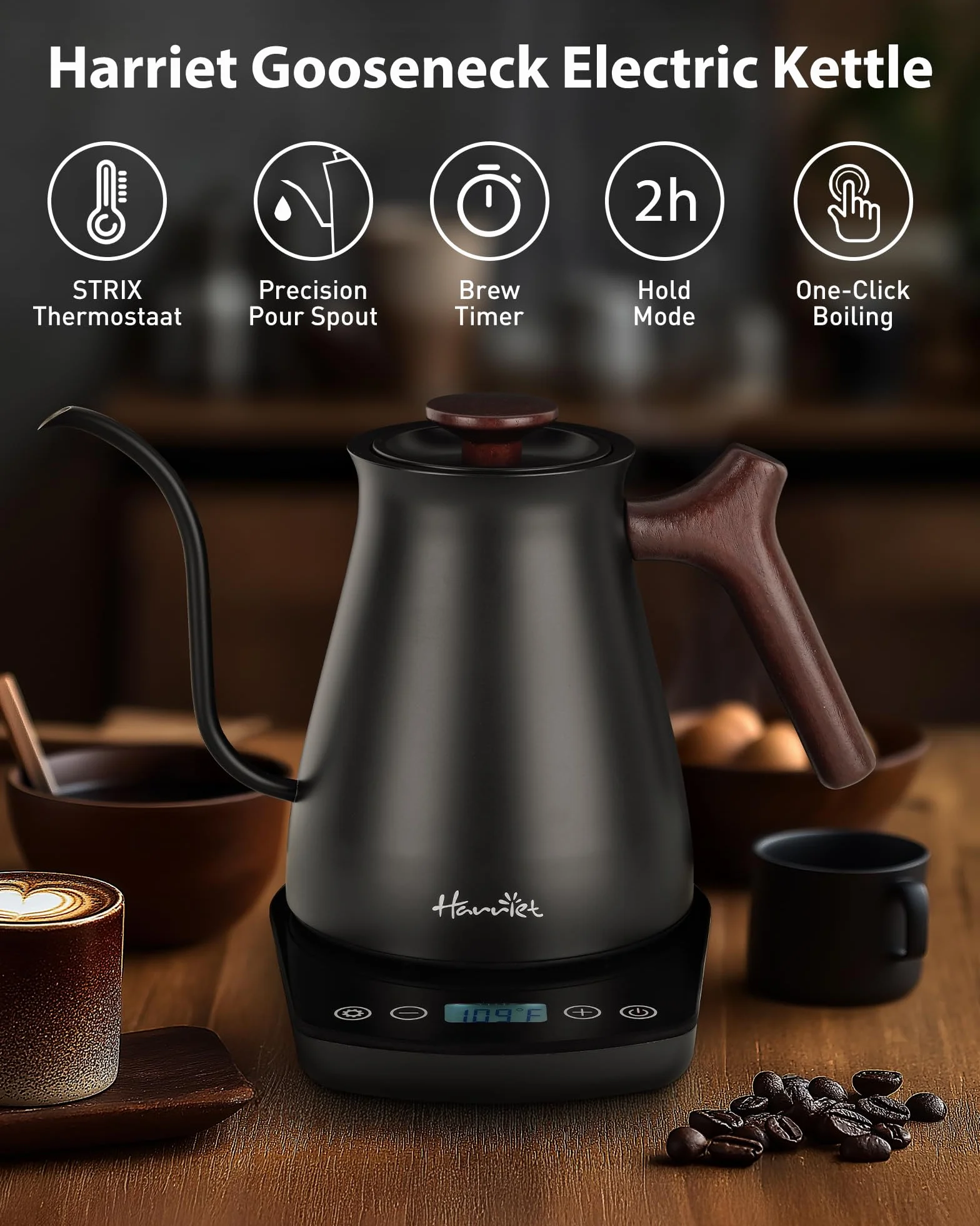 Gooseneck Electric Kettle, 0.8L, 1°F Control, Brew Timer | 120-Min Keep Warm, 104–203°F Control, Built-In Brew Timer, SUS304 Stainless Steel, Wood-Accent Handle for Pour-Over Coffee