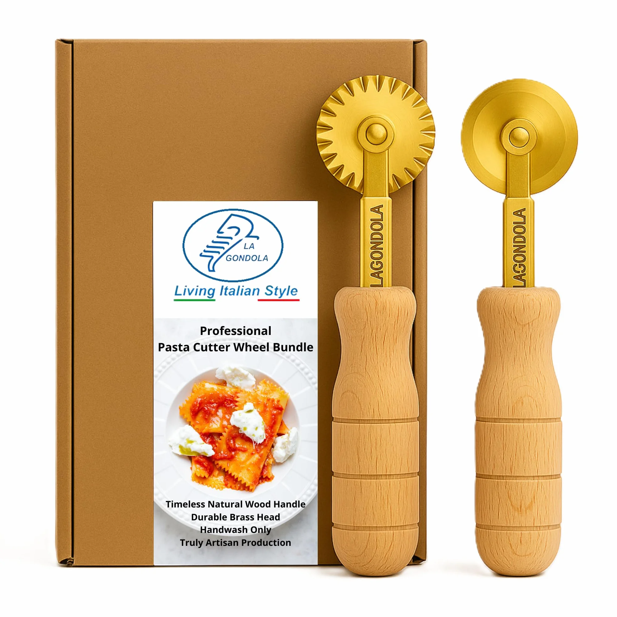 La Gondola Set of 2 Homemade Pasta Cutters - Festooned & Smooth Wheels | Making Tools for Home & Business | Brass & Natural Wood | Easy to Use Cutting Tools | Ravioli Cutters Made in Italy