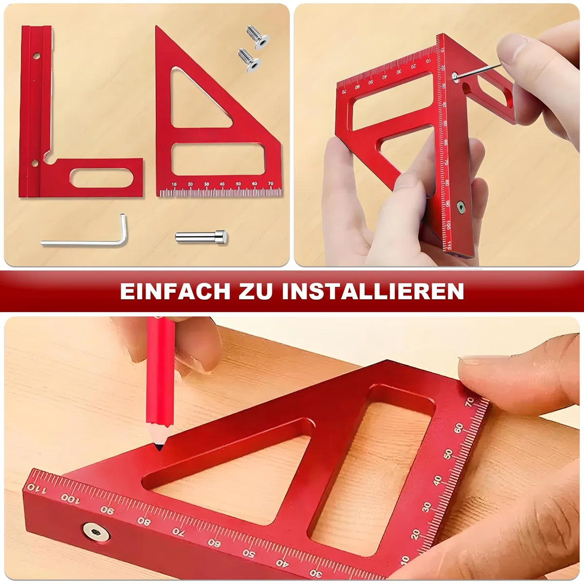 3D-Mehrwinkel-Messlineal, 22.5-90 Gehrungswinkel aus Aluminiumlegierung, Hochpräzise Holzbearbeitung Messwerkzeuge, Präziser Zimmermannswinkel Winkelmesser für Tischler, Ingenieur Rote