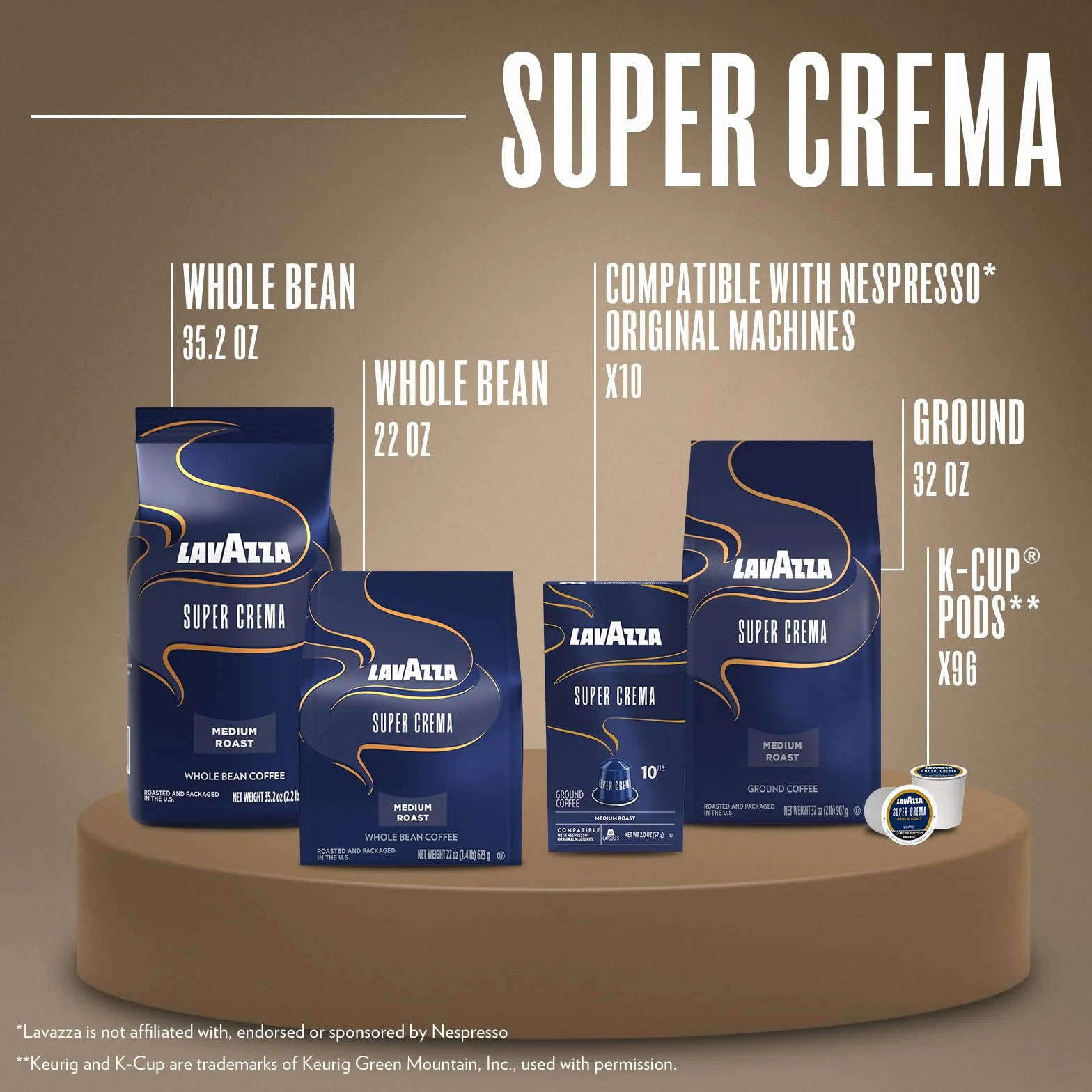 Super Crema Whole Bean Coffee, Medium Espresso Roast, Arabica and Robusta Blend, 2.2 lb Bag, Package May Vary (Pack of 6)