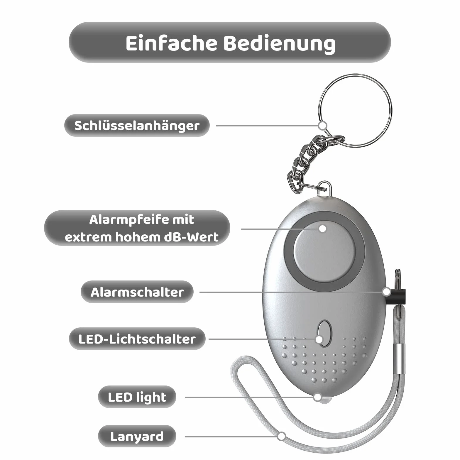 Schrillalarm für Frauen, Selbstverteidigung Taschenalarm - 150dB Sehr Lauter Persönlicher Panikalarm - Sicherheit Schlüsselanhänger, Sirene - Alarm für Frauen mit Taschenlampe (Silber)