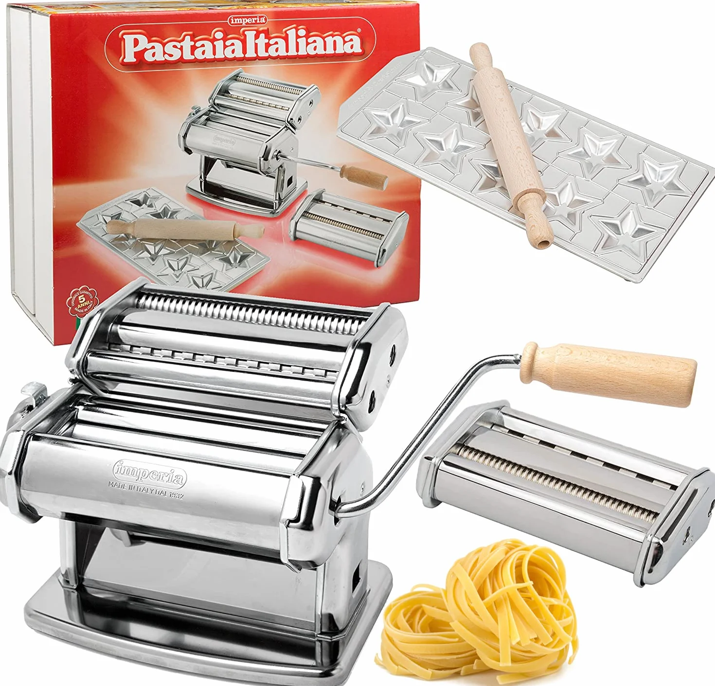 Pasta Maker Machine by Imperia- Deluxe Set w 2 Attachments, Star Ravioli Mold and Rolling Pin