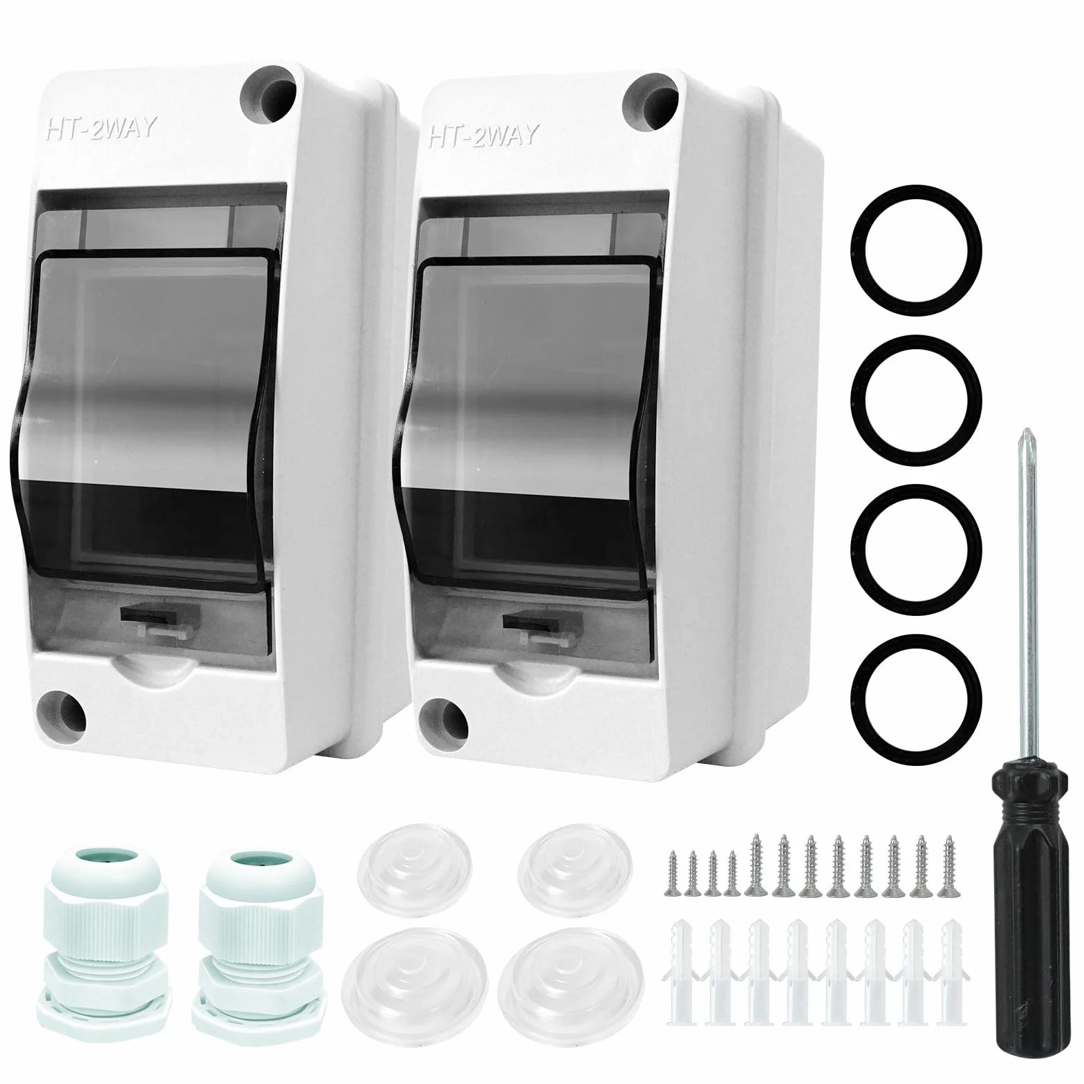 2 Stück Sicherungskasten Aufputz, Waterproof Verteilerkasten Aufputz, kleinverteiler Aufputz IP65-1 Reihig-2 Module, mit 4 Anschlüssen, für Gärten im Freien, Bauernhöfe, Ladesäulen, Feuchtraum