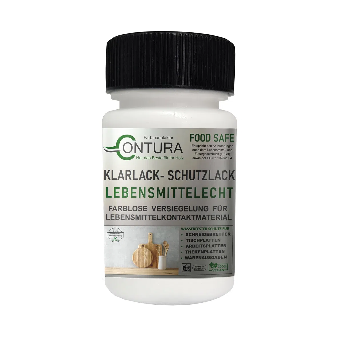 Contura Klarlack lebensmittelecht Hartlack Schneidebrett Tischplatte Holzlack LFGB Lack (Farblos Seidenmatt, 50ml. Pinselflasche)
