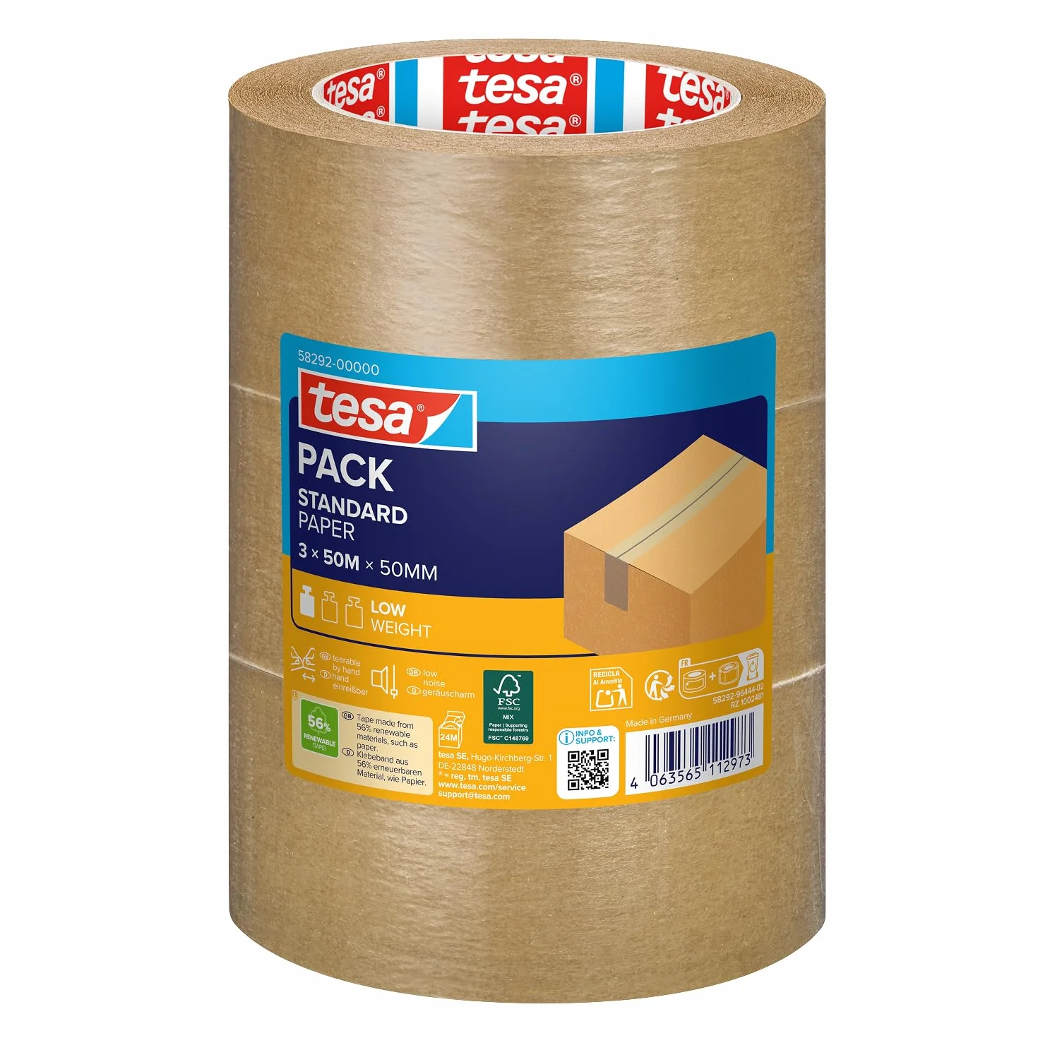 tesa tesapack Standard Paper - Paketklebeband aus Papier - 56 Prozent erneuerbare Materialien - handeinreißbares Klebeband für leichte Pakete - Braun - 3 x 50 m x 50 mm