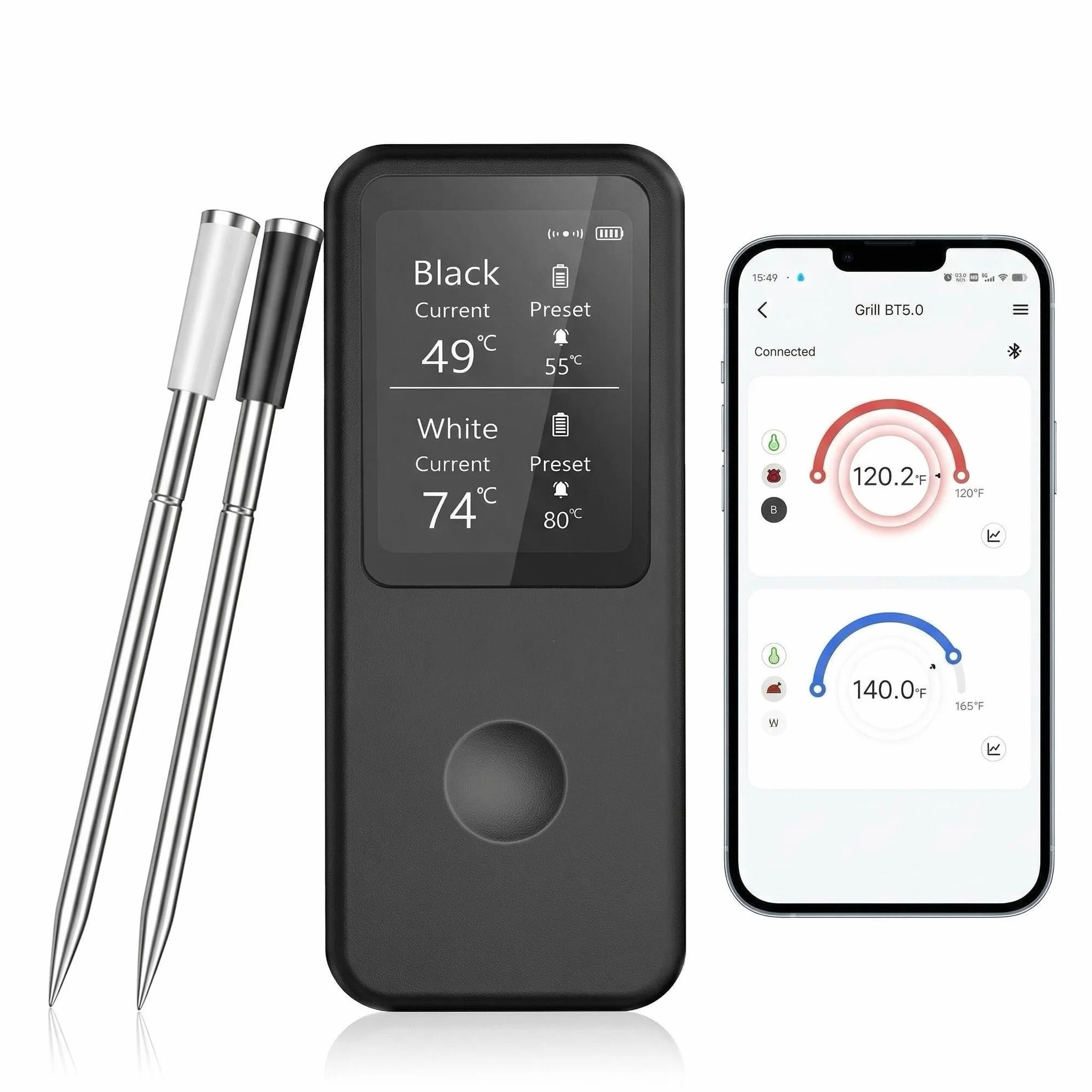 2.4 Inch Wireless Meat Therm游戏副本 with Dual Probes, Bluetooth Meat Thermometer with 500FT Range, 400°C Heat-Resistant Probe, Smart App with 12 Presets for Grilling BBQ Oven Smoker