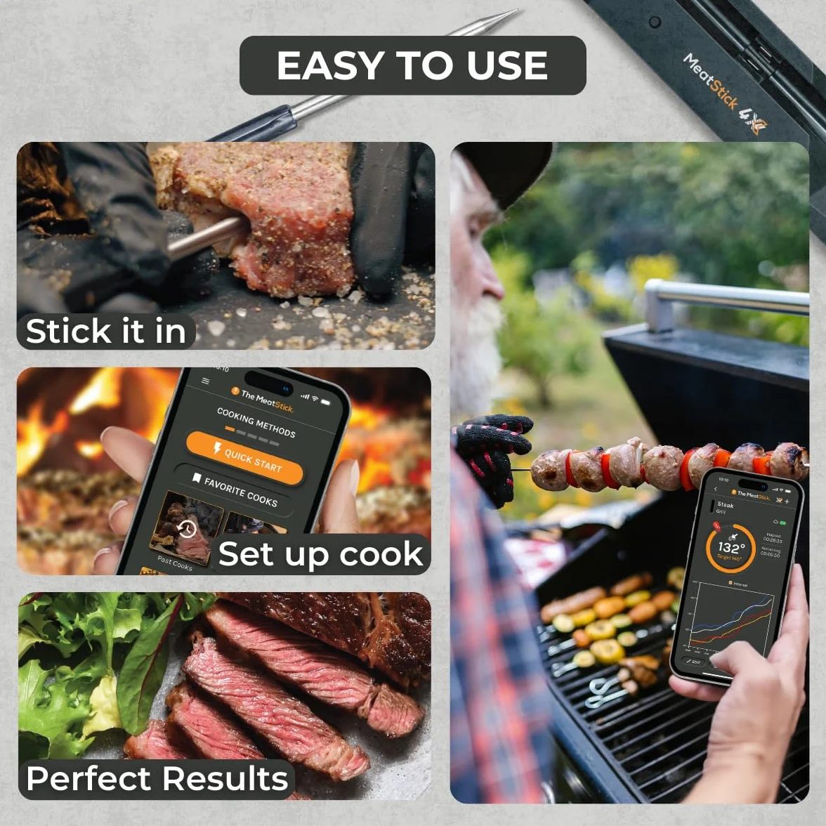 MeatStick 4X Bluetooth Wireless Meat Thermometer, 650ft+ Range Grill Probe | 4 sensors, 572°F ambient rating, 70+ hr battery. Built for big cuts and long smokes. For Grilling, Smoker, Oven, BBQ