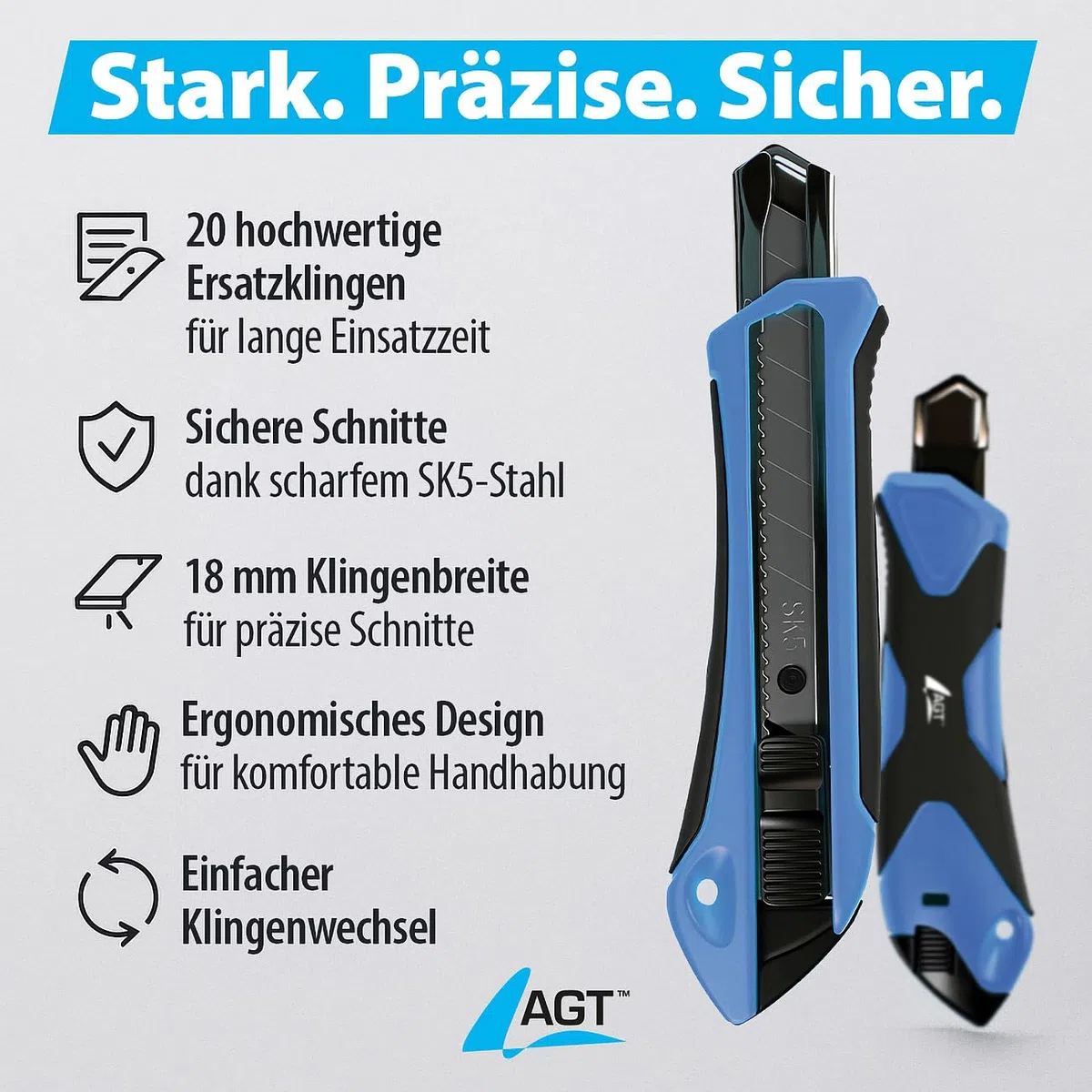 AGT 5er-Set Cuttermesser mit 20 Ersatzklingen aus SK5-Stahl, 18 mm