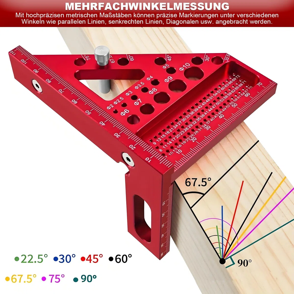 3D-Mehrwinkel-Messlineal, 22.5-90 Gehrungswinkel aus Aluminiumlegierung, Hochpräzise Holzbearbeitung Messwerkzeuge, Präziser Zimmermannswinkel Winkelmesser für Tischler, Ingenieur Rote
